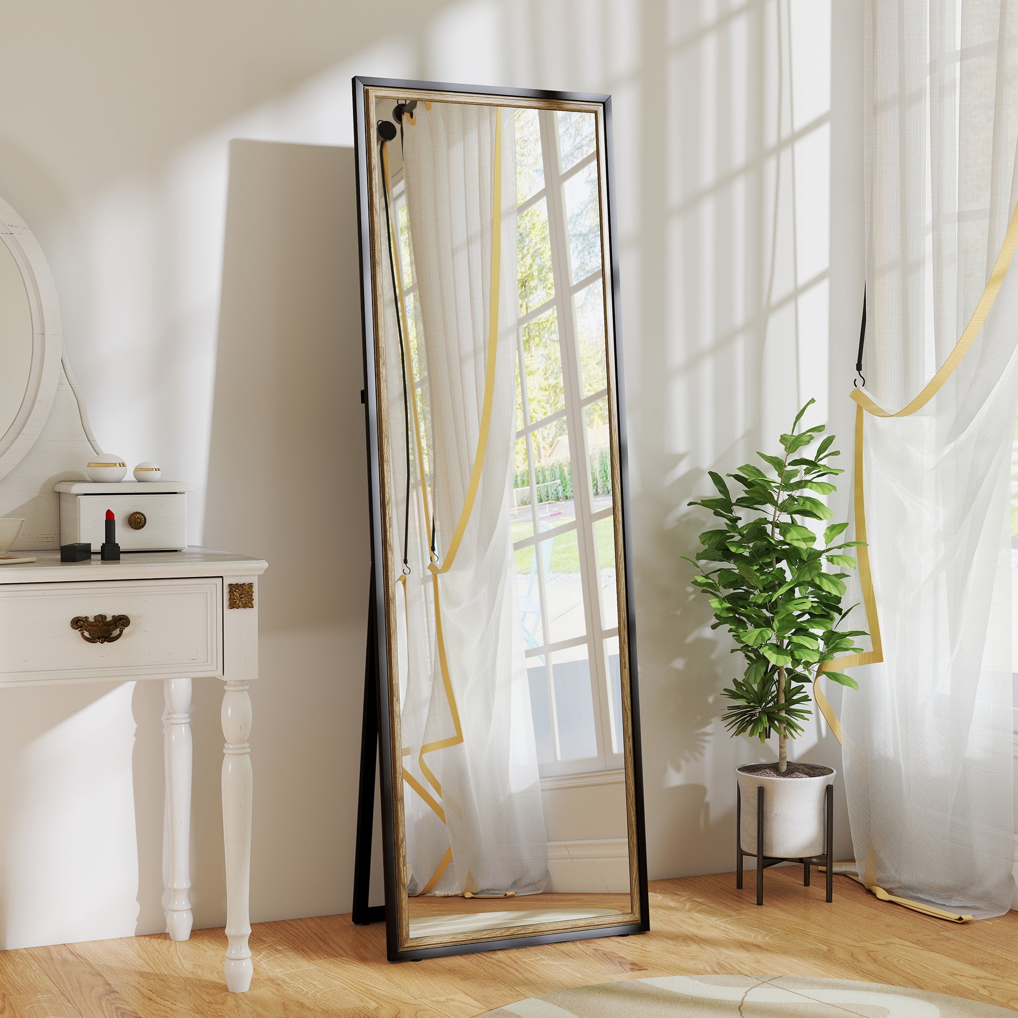 Full Length Mirror, 64" x 21" Rectangle Full Body Mirror with Dual-Tone Frame for Bedroom, Living Room, Floor Standing or Leaning Against Wall, Black