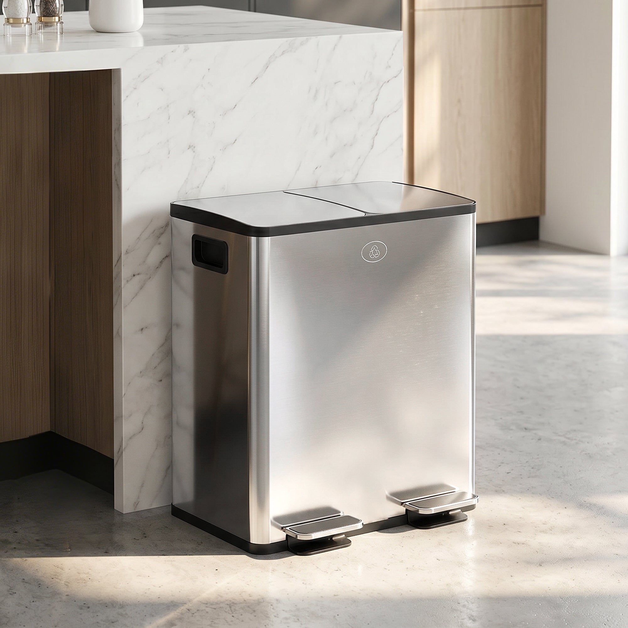 Trash Can, 2 x 5 Gallon Stainless Steel Garbage Can with Soft Close, Stay-Open Lid, Pedals, Inner Buckets and Deodorizer Compartment, Fingerprint-Proof, for Kitchen, Home Office, Silver