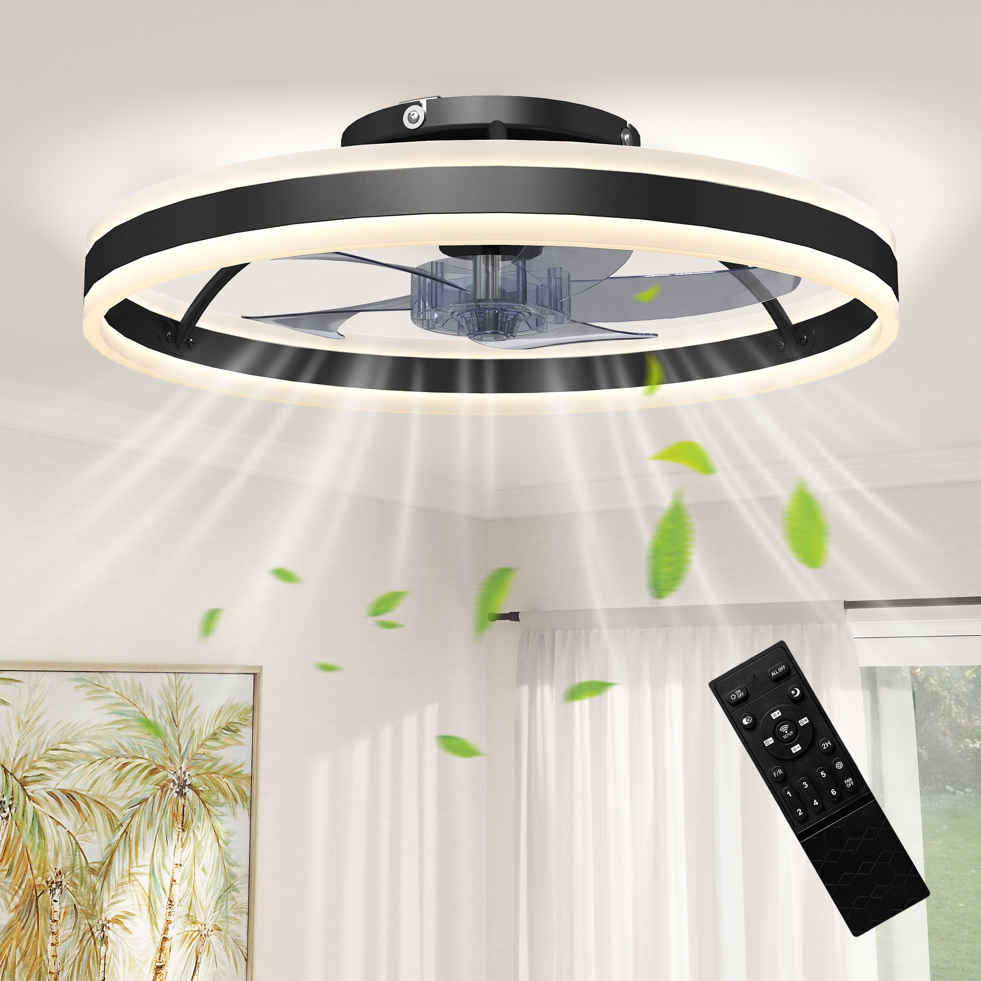 Ceiling Fans with Lights and Remote & App Control, 50 cm Modern LED Ceiling Fan Light with 3 Colour Temperatures, 6 Speed, Dimmable, Timer Quiet Reversible DC Motor, for Bedroom, Study, Black
