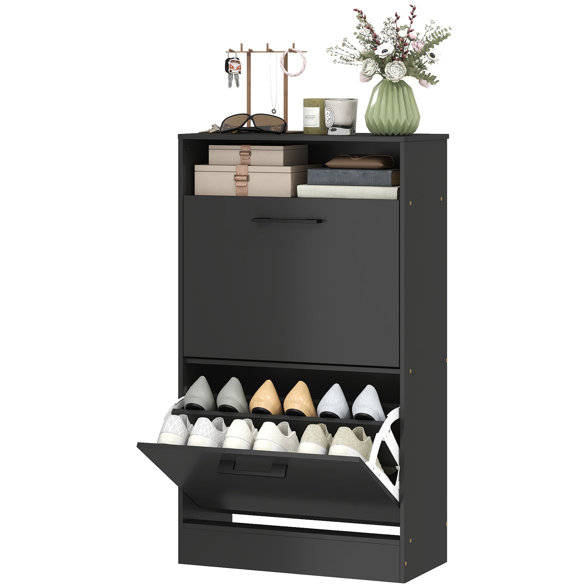 Shoe Cabinet with 2 Flip Drawers and Open Shelf, Narrow Shoe Storage Cabinet with Adjustable Dividers, Entryway Shoe Storage Unit for up to 12 Pairs for Hallway, Black