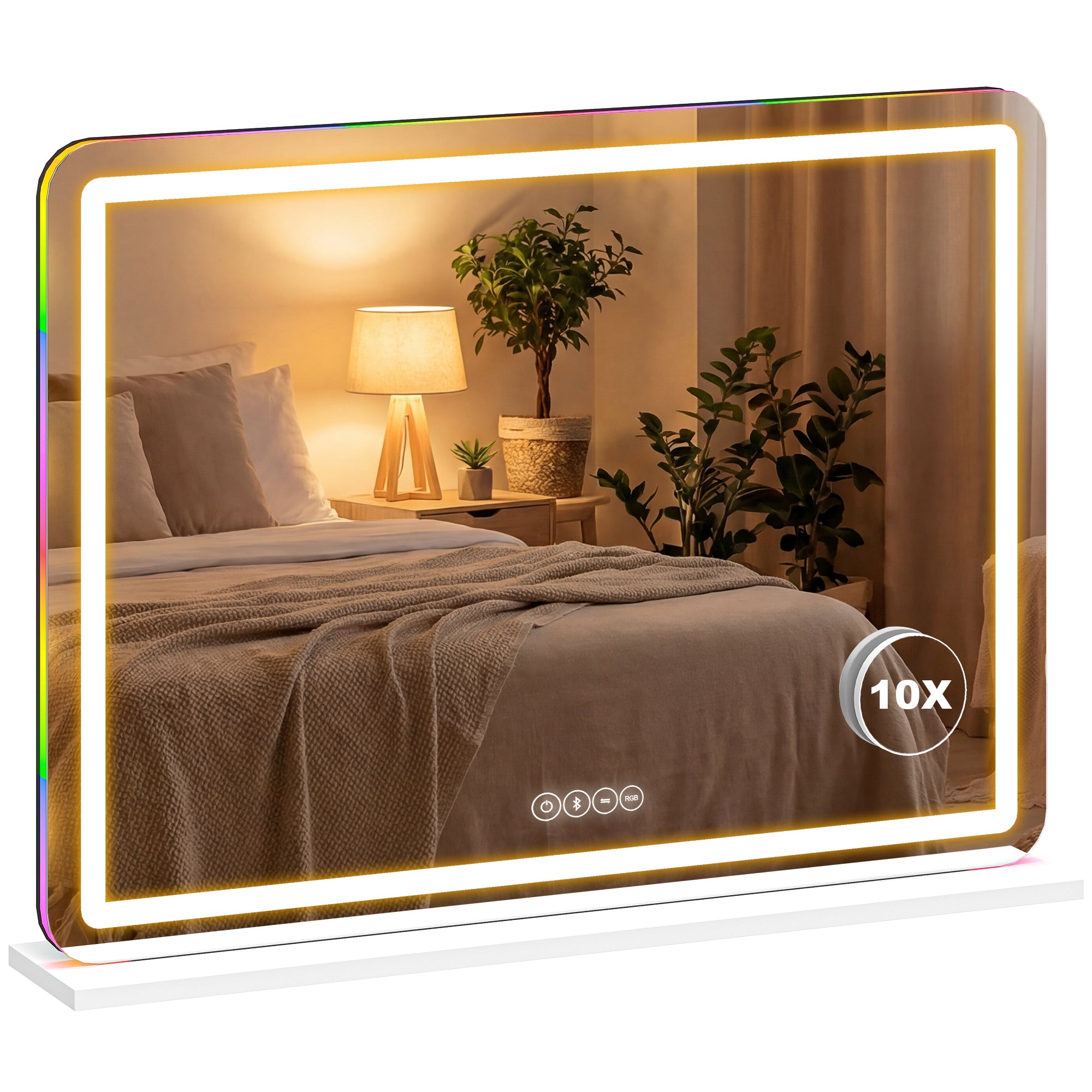 Vanity Mirror with Lights, Dimmable Makeup Mirror with Adjustable Colour Temperature, RGB Light, Bluetooth Speaker, 10X Magnification, Touch Control, 80 x 60 cm, Tabletop & Wall-Mounted, White