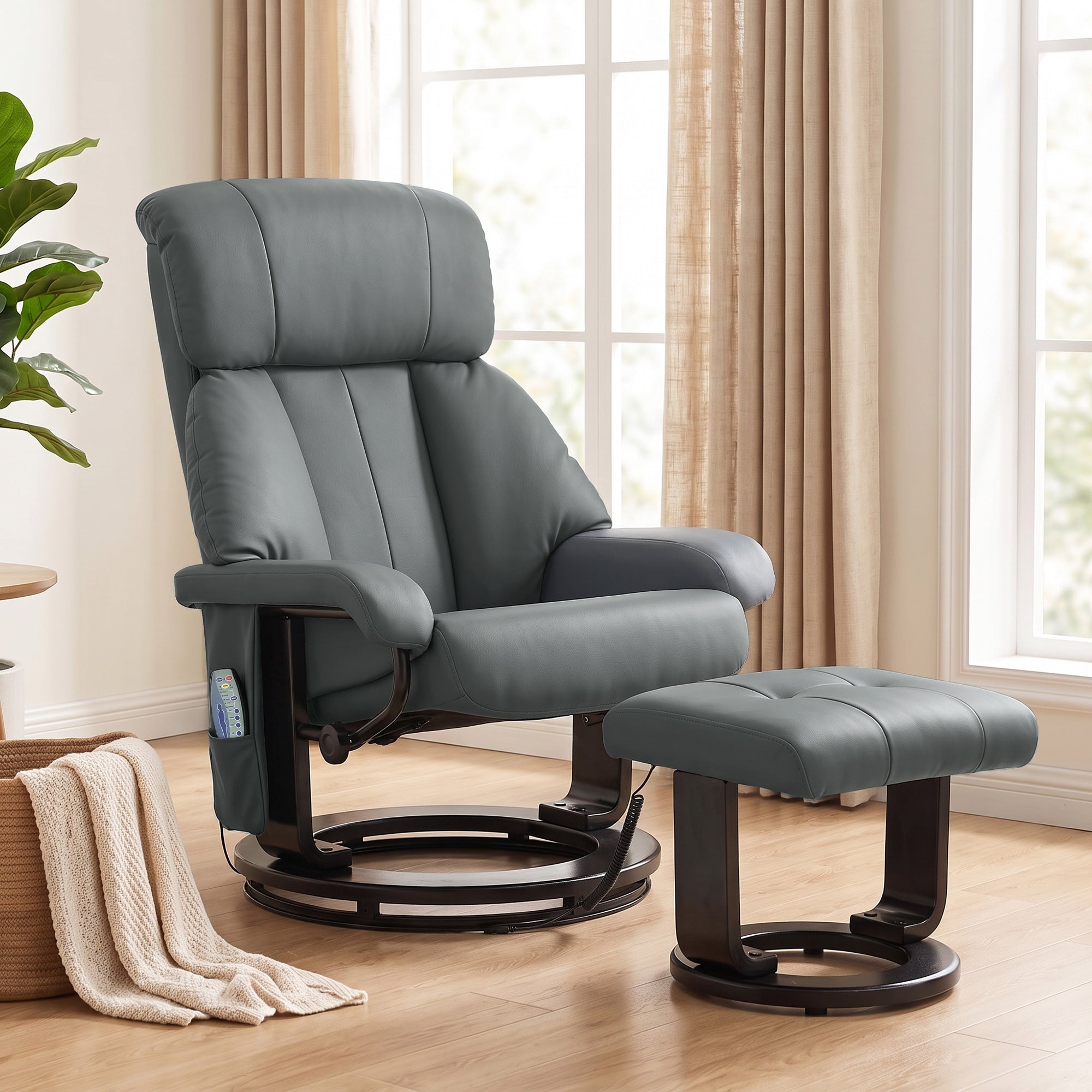 Massage Recliner Chair with Ottoman, 360° Swivel Recliner and Footstool, 10-Point Vibration, PU Leather Reclining Chair with Remote Control, Gray