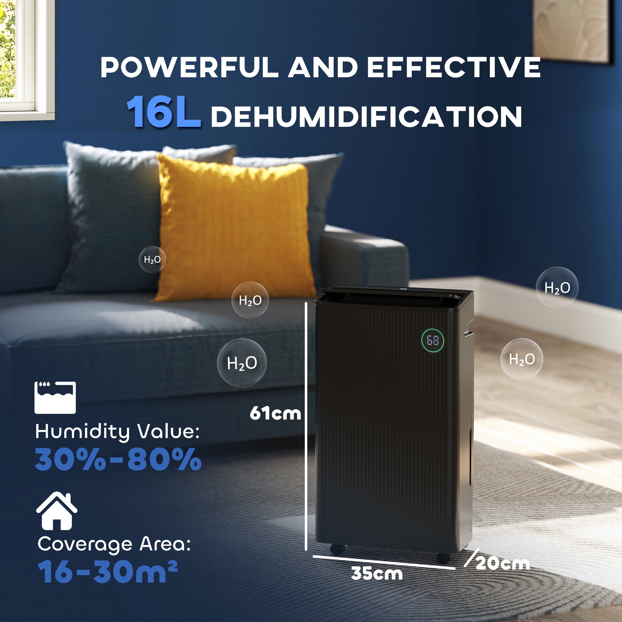 HOMCOM 16L/Day Dehumidifier with Air Purifier and HEPA Filter, UVC, Ioniser, 5.5L Water Tank, 24H Timer, for Home Damp, Condensation, Mould and Laundry Drying, Black