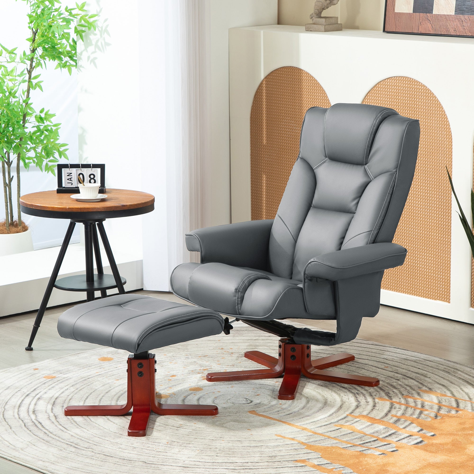 HOMCOM Recliner Chair with Footstool, PU Leather Upholstered Armchair with Adjustable Backrest, Leisure Lounge Chair for Living Room, Bedroom, Grey