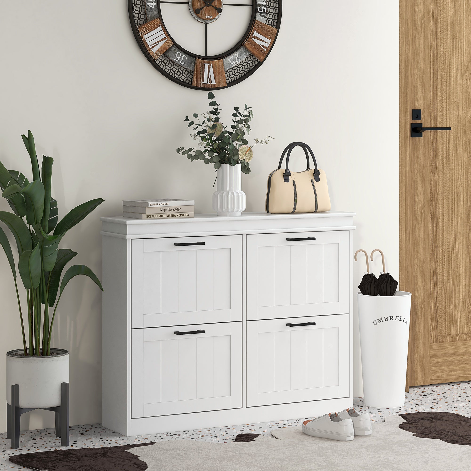 HOMCOM 4 Drawers Entryway Shoe Cabinet, Narrow Shoe Storage Cabinet with 4 Flip Drawers and Adjustable Shelves for 20 Pairs of Shoes, White