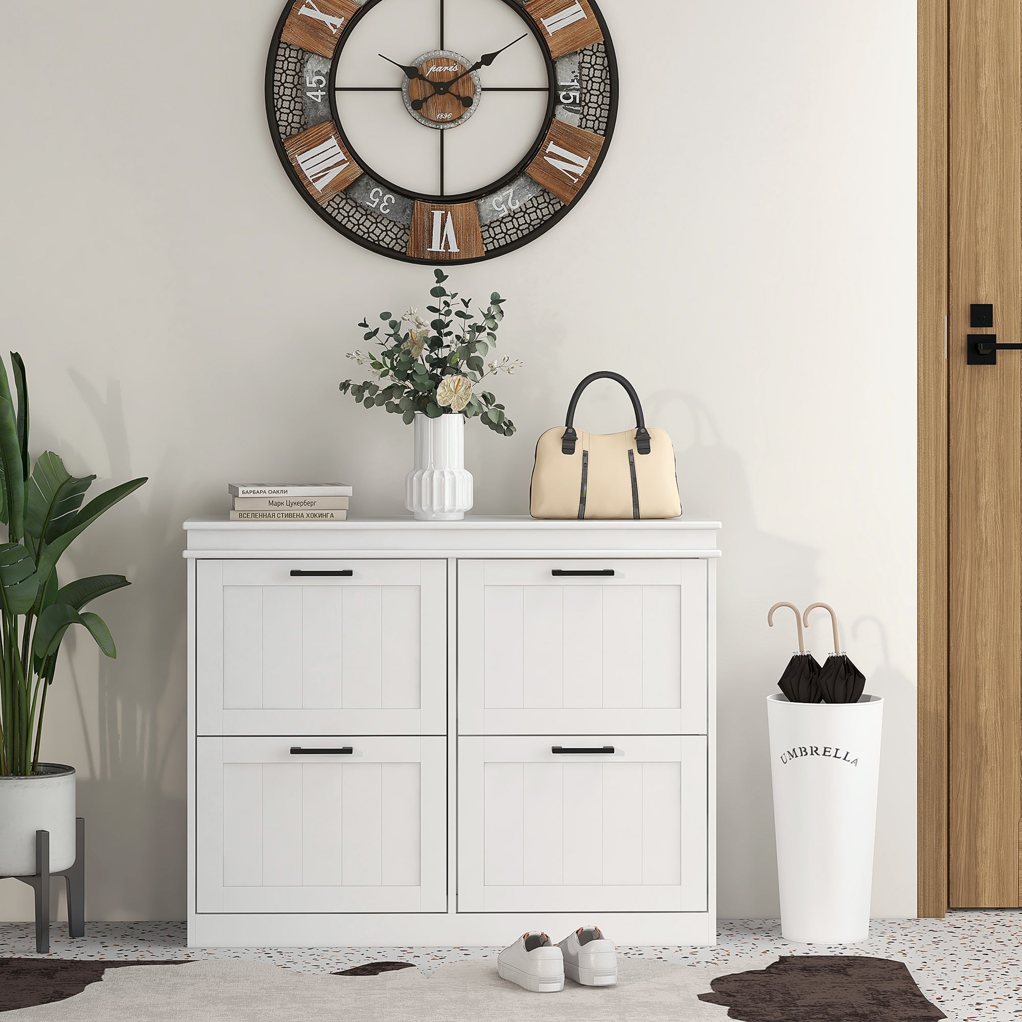 HOMCOM 4 Drawers Entryway Shoe Cabinet, Narrow Shoe Storage Cabinet with 4 Flip Drawers and Adjustable Shelves for 20 Pairs of Shoes, White