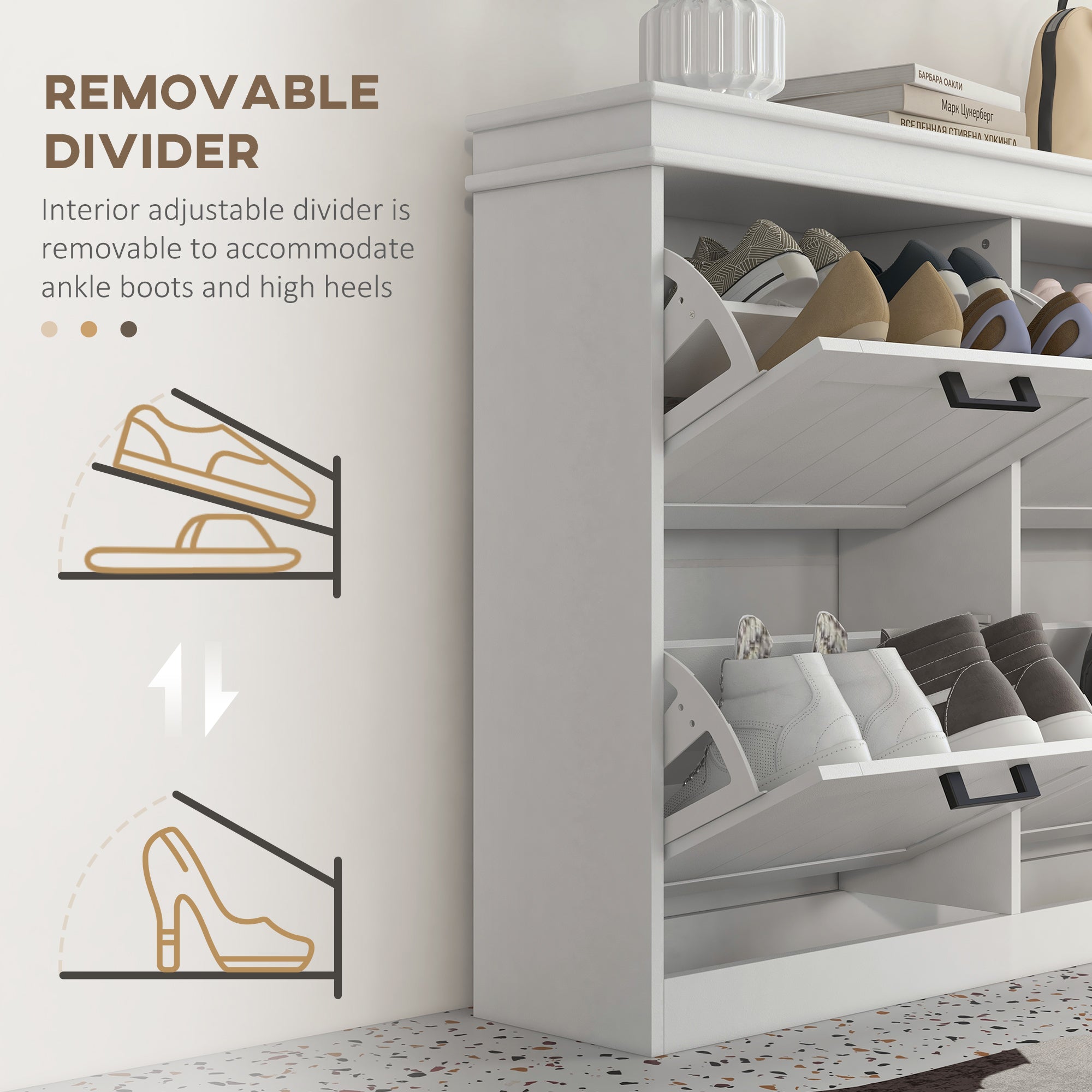 HOMCOM 4 Drawers Entryway Shoe Cabinet, Narrow Shoe Storage Cabinet with 4 Flip Drawers and Adjustable Shelves for 20 Pairs of Shoes, White