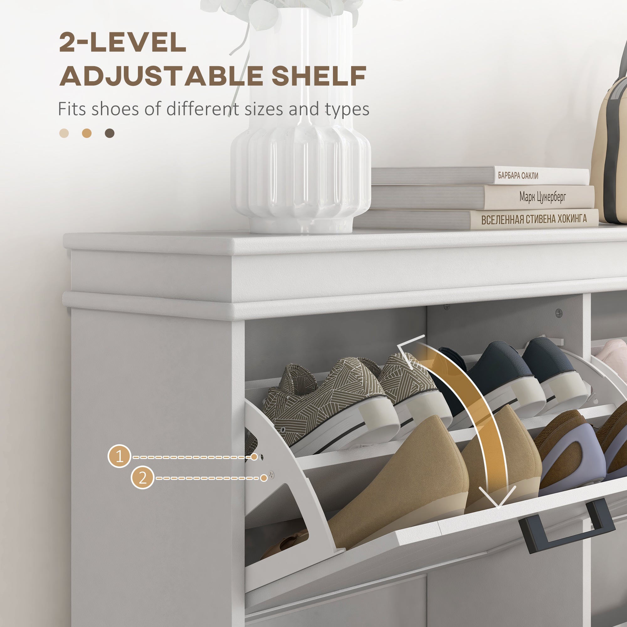 HOMCOM 4 Drawers Entryway Shoe Cabinet, Narrow Shoe Storage Cabinet with 4 Flip Drawers and Adjustable Shelves for 20 Pairs of Shoes, White