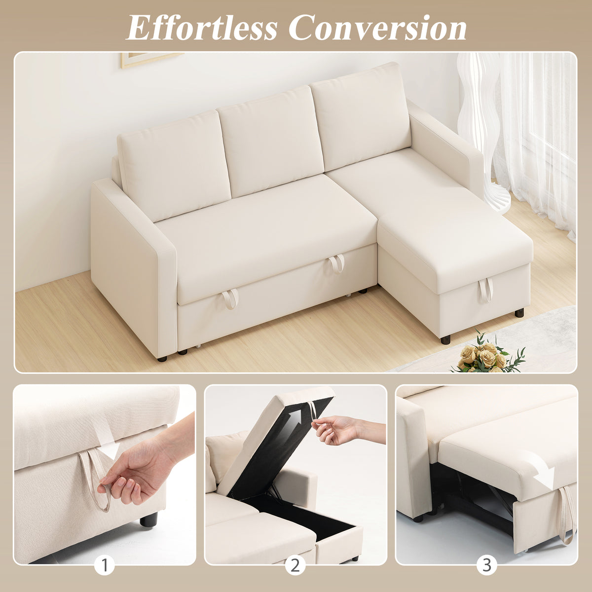 83" Sofa Bed, Convertible Pull Out Sleeper Sofa, Linen L Shaped Sectional Couch with Reversible Storage Chaise, Wide and Deep Seat for Living Room, Apartment, Cream White