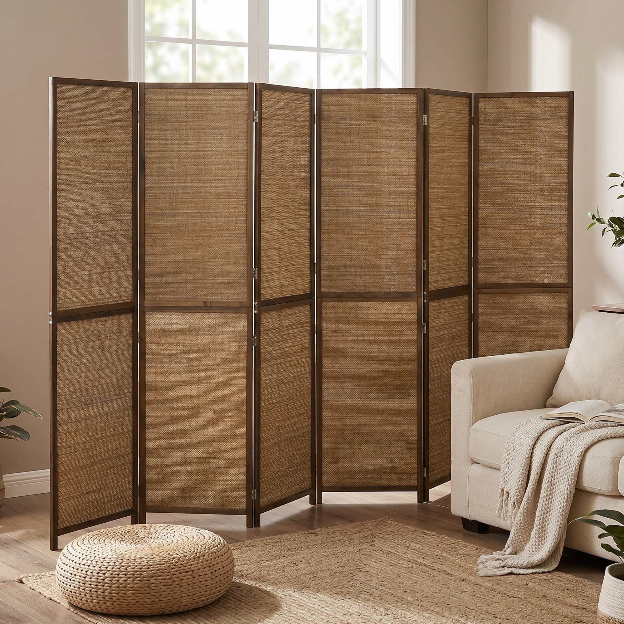 Room Divider, 6 FT Tall Folding Privacy Screen, 6 Panel Hand-Woven Bamboo Wall Partition for Room Separation, Portable Boho Freestanding Wall Divider for Bedroom, Home Office, Brown