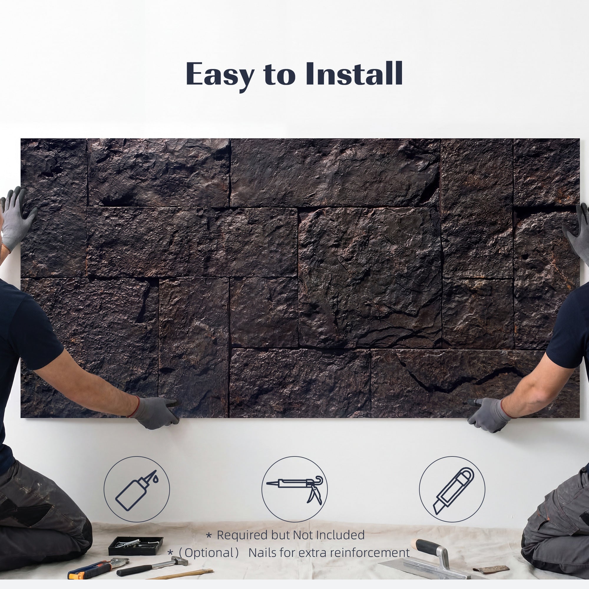 8-Pack 3D Faux Stone Wall Panels, Lightweight Polyurethane Panels for Interior and Exterior Accent Walls, Water-Resistant, 4' x 2', Cover 61.8 Sq.Ft., 1" Thick, Black