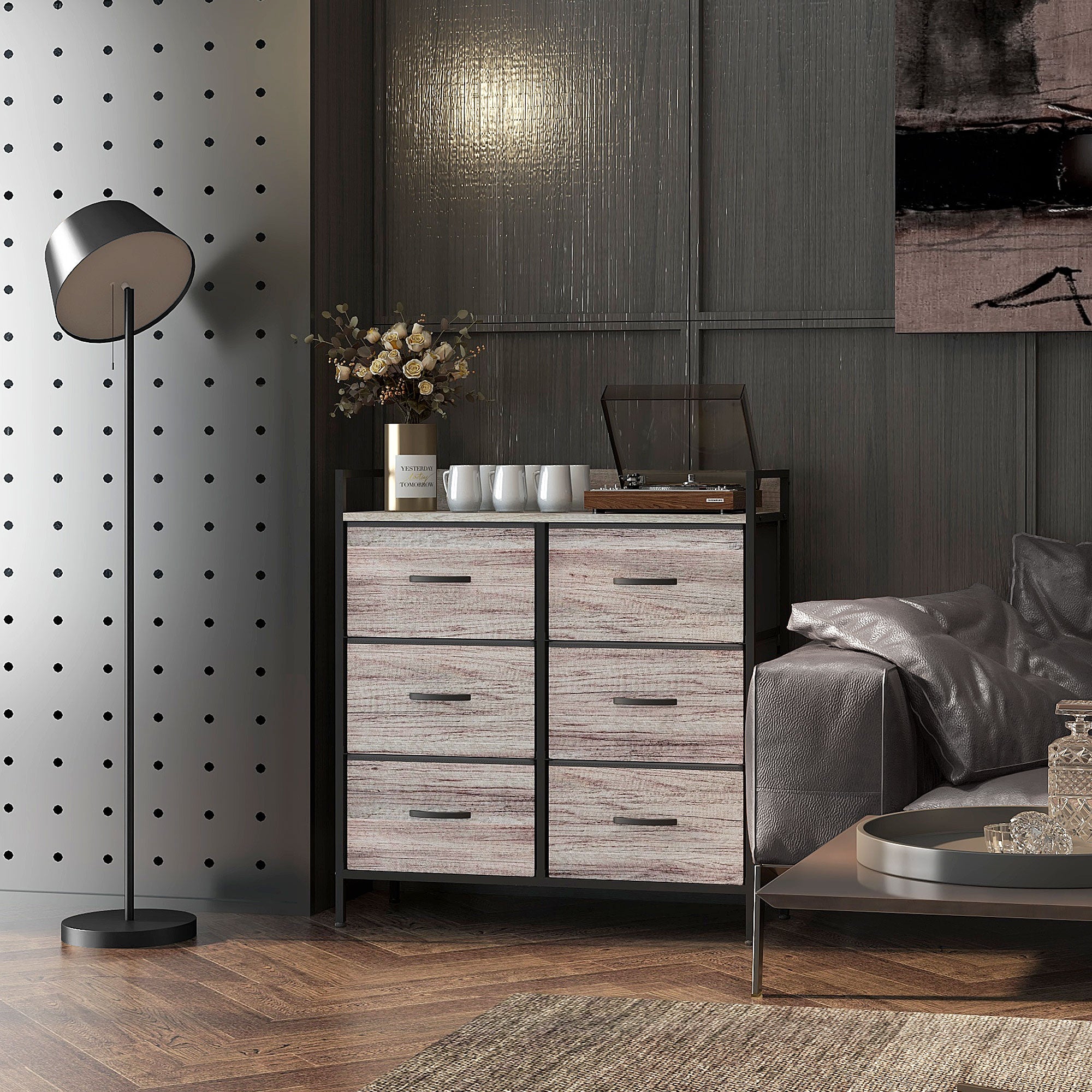Bedroom Chest of Drawers, Fabric Dresser with 6 Drawers, Storage Organiser Unit with Open Shelf and Metal Frame for Living Room, Entryway, Grey Wood Effect