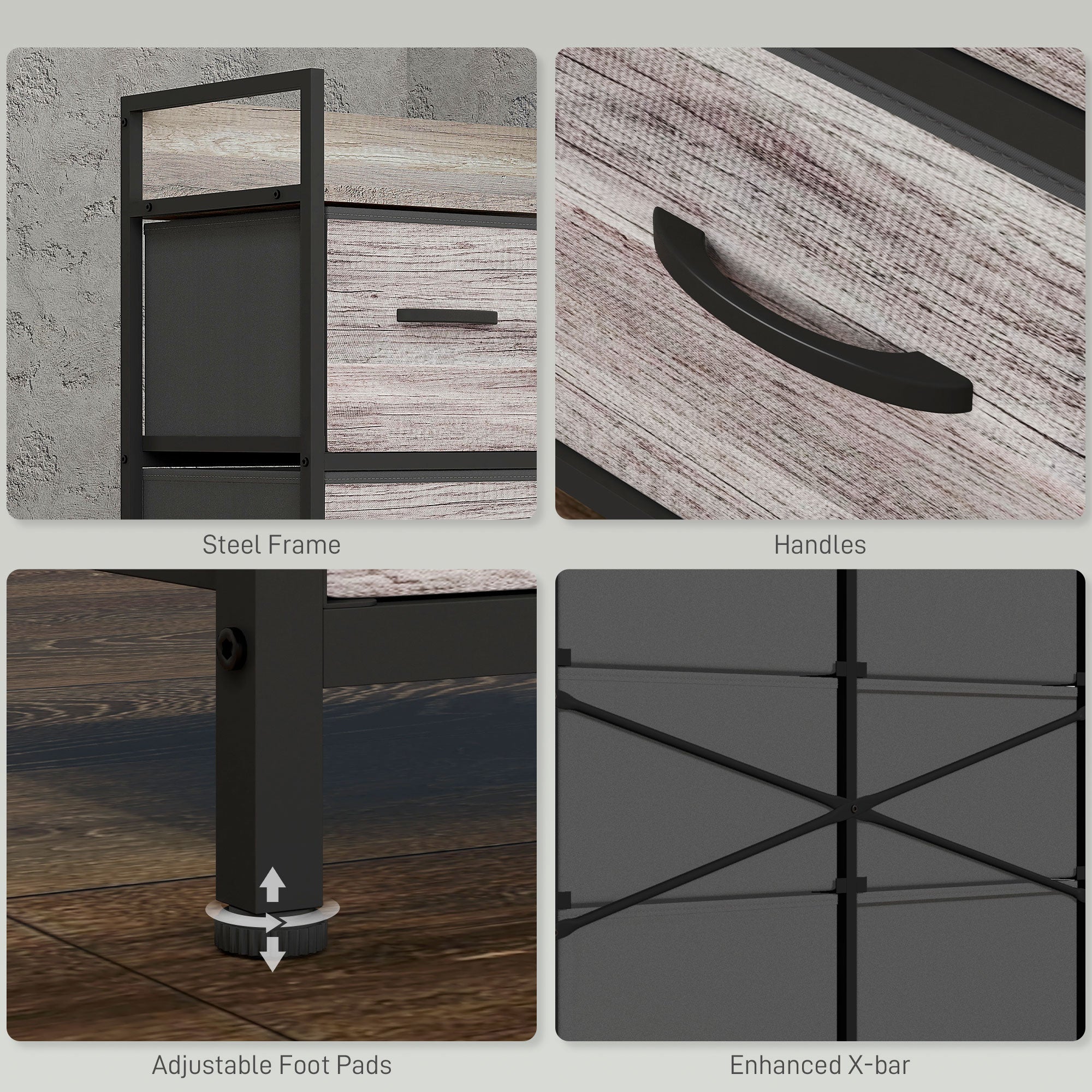 Bedroom Chest of Drawers, Fabric Dresser with 6 Drawers, Storage Organiser Unit with Open Shelf and Metal Frame for Living Room, Entryway, Grey Wood Effect