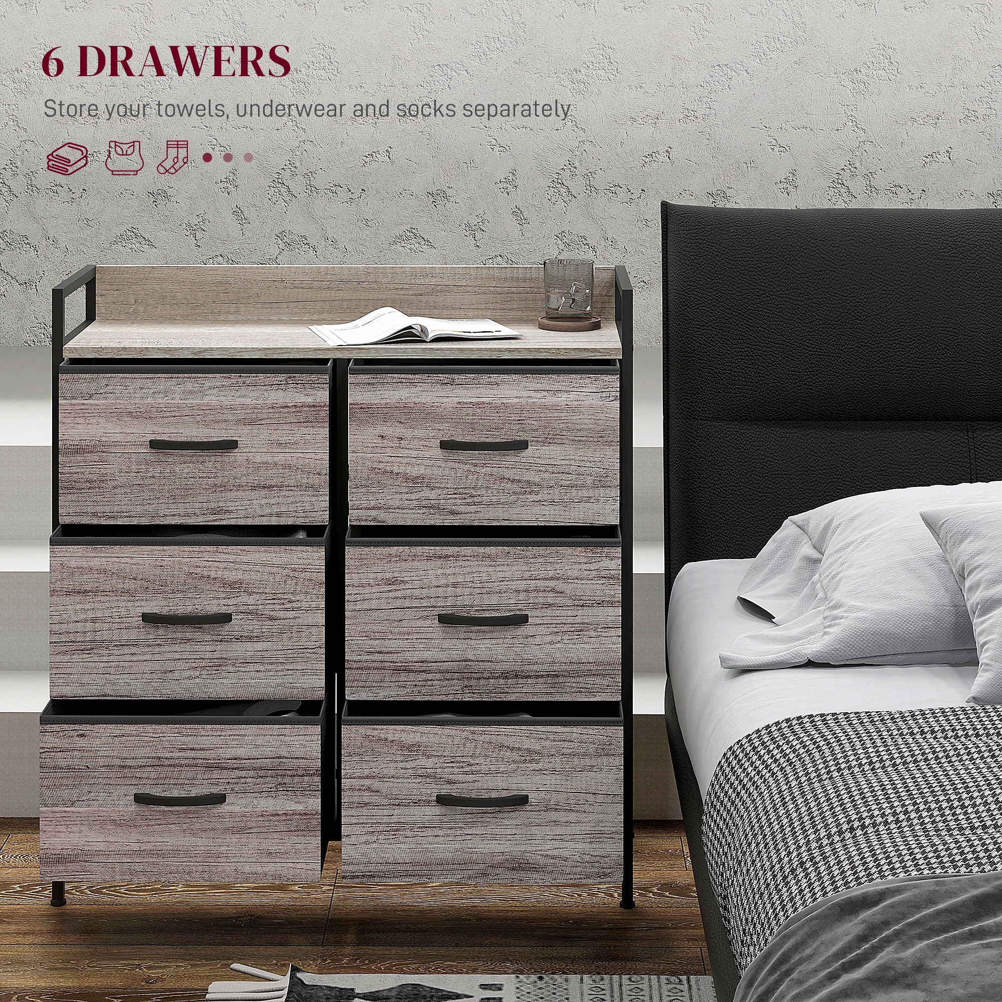 Bedroom Chest of Drawers, Fabric Dresser with 6 Drawers, Storage Organiser Unit with Open Shelf and Metal Frame for Living Room, Entryway, Grey Wood Effect