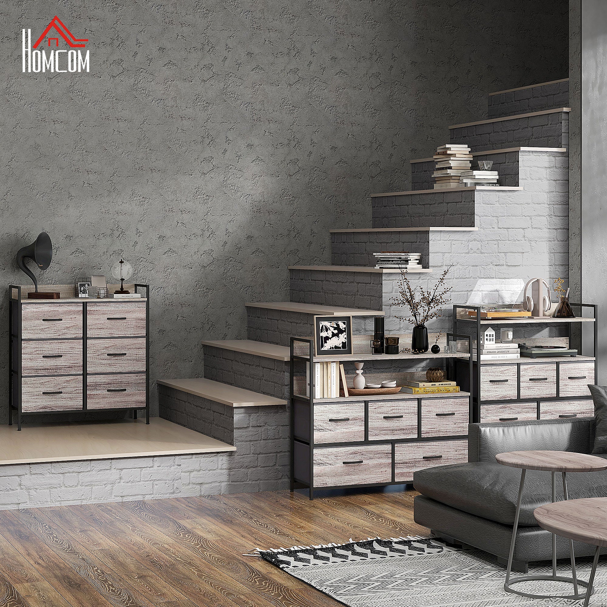 Bedroom Chest of Drawers, Fabric Dresser with 6 Drawers, Storage Organiser Unit with Open Shelf and Metal Frame for Living Room, Entryway, Grey Wood Effect