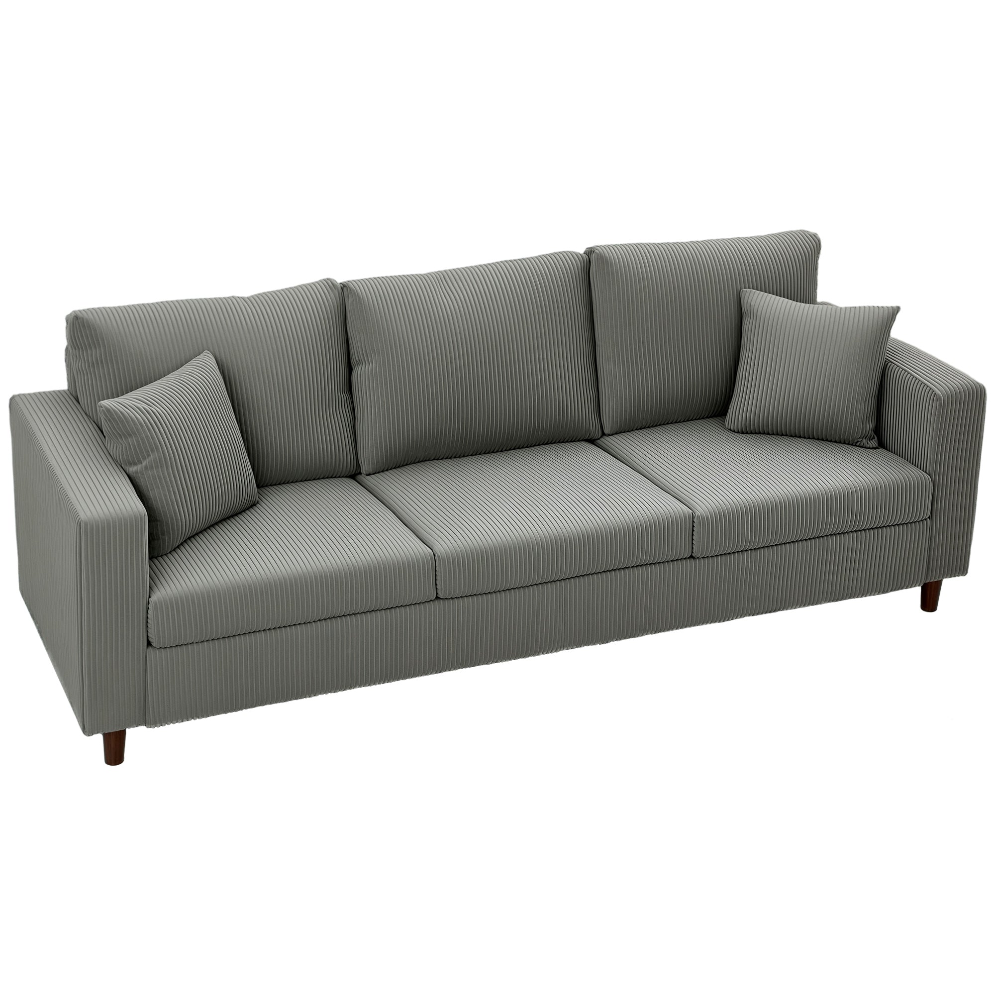 3 Seater Sofa, 225 cm Comfy Corduroy Couch with Wide Deep Seat, Wide Armrests, Spring Cushion, Thick Padded, Solid Wood Legs, Fabric Sofa for Living Room, Light Grey