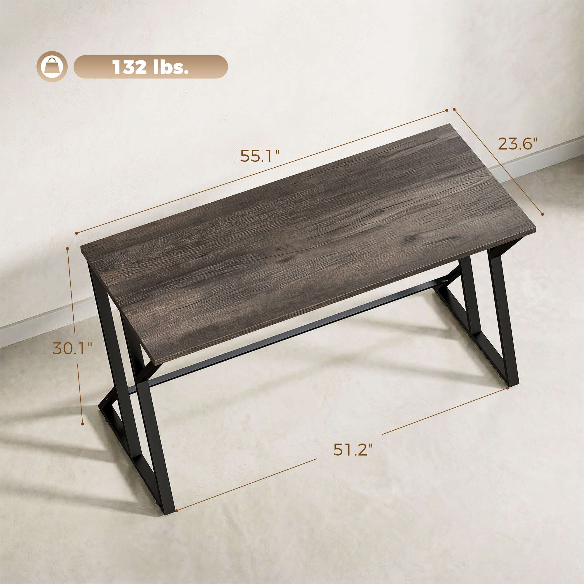 55 Inch Computer Desk, Industrial Writing Desk with Z-Shaped Metal Leg, Study Table for Home Office, Bedroom, Small Spaces, Distressed Gray