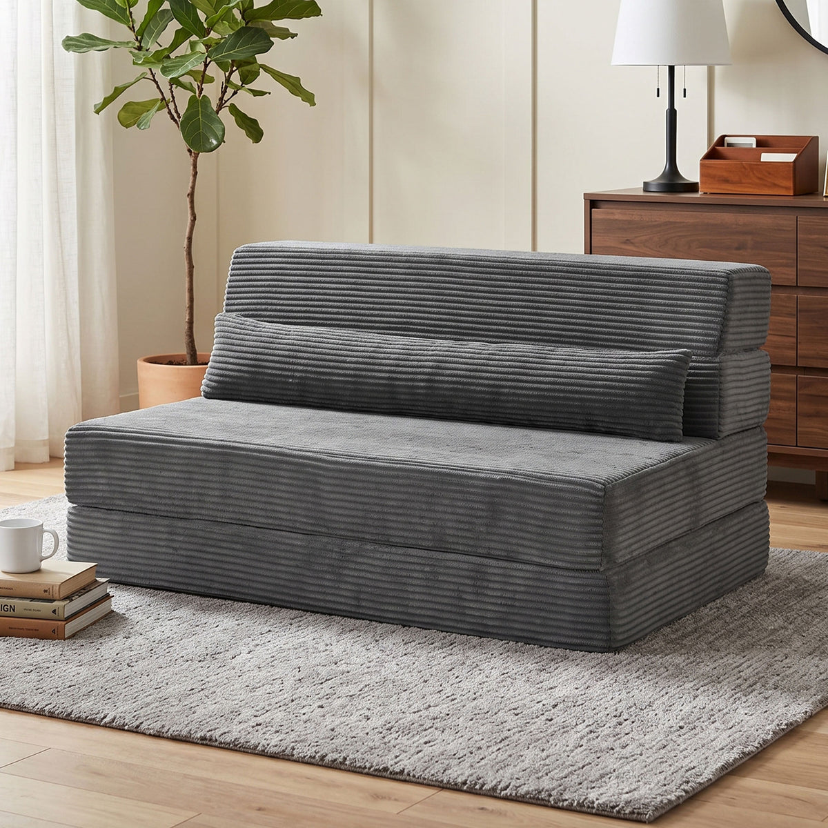 Floor Chair with Back Support, Corduroy Folding Sleeper Sofa, Boneless Cloud Floor Gaming Chair with Thick Cushion, Lumbar Pillow, Side Pockets for Living Room, Dark Grey