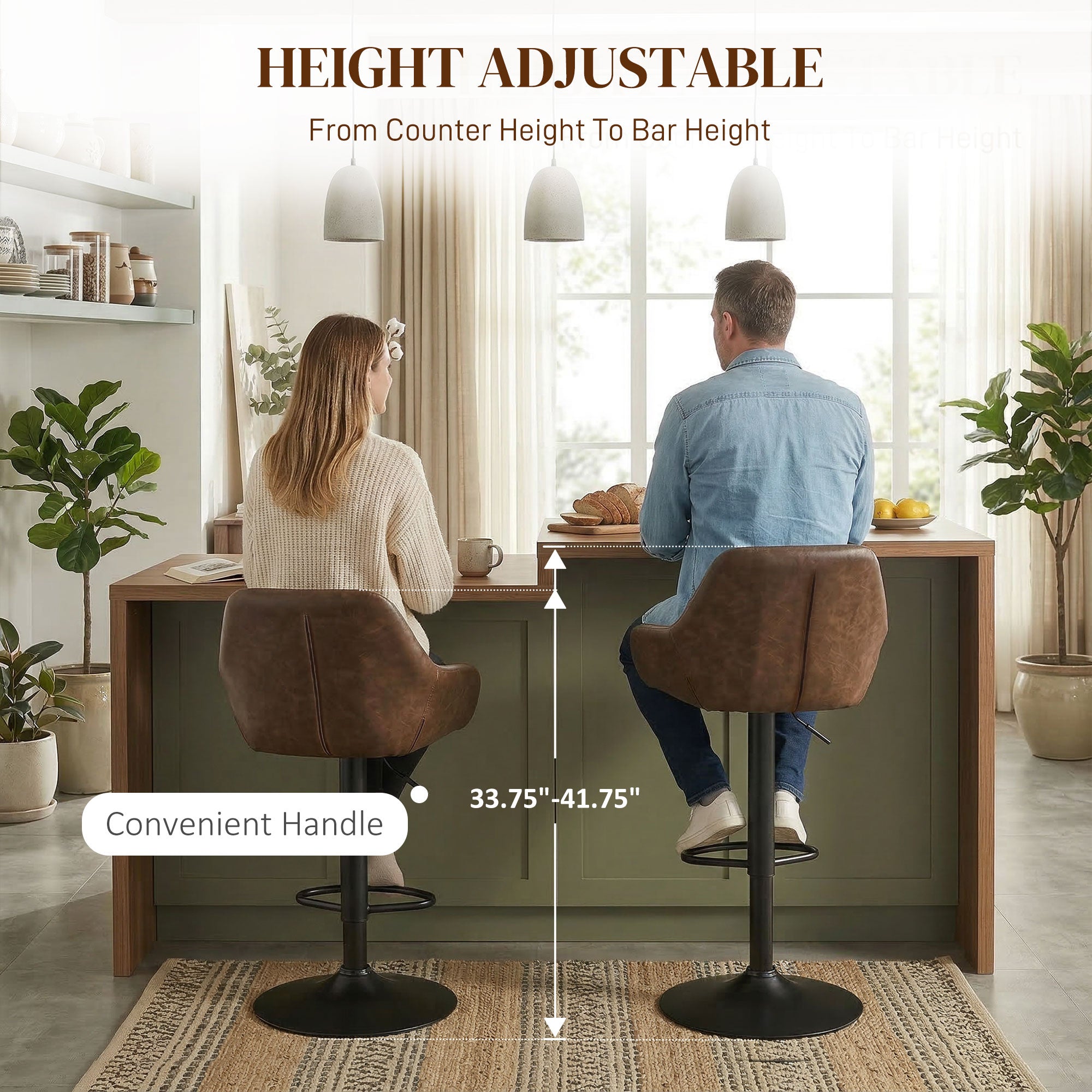 Adjustable Bar Stools Set of 2, Swivel Dining Chairs with Footrest and Back, Modern PU Leather and Steel Round Base, for Kitchen Counter and Dining Room, Coffee