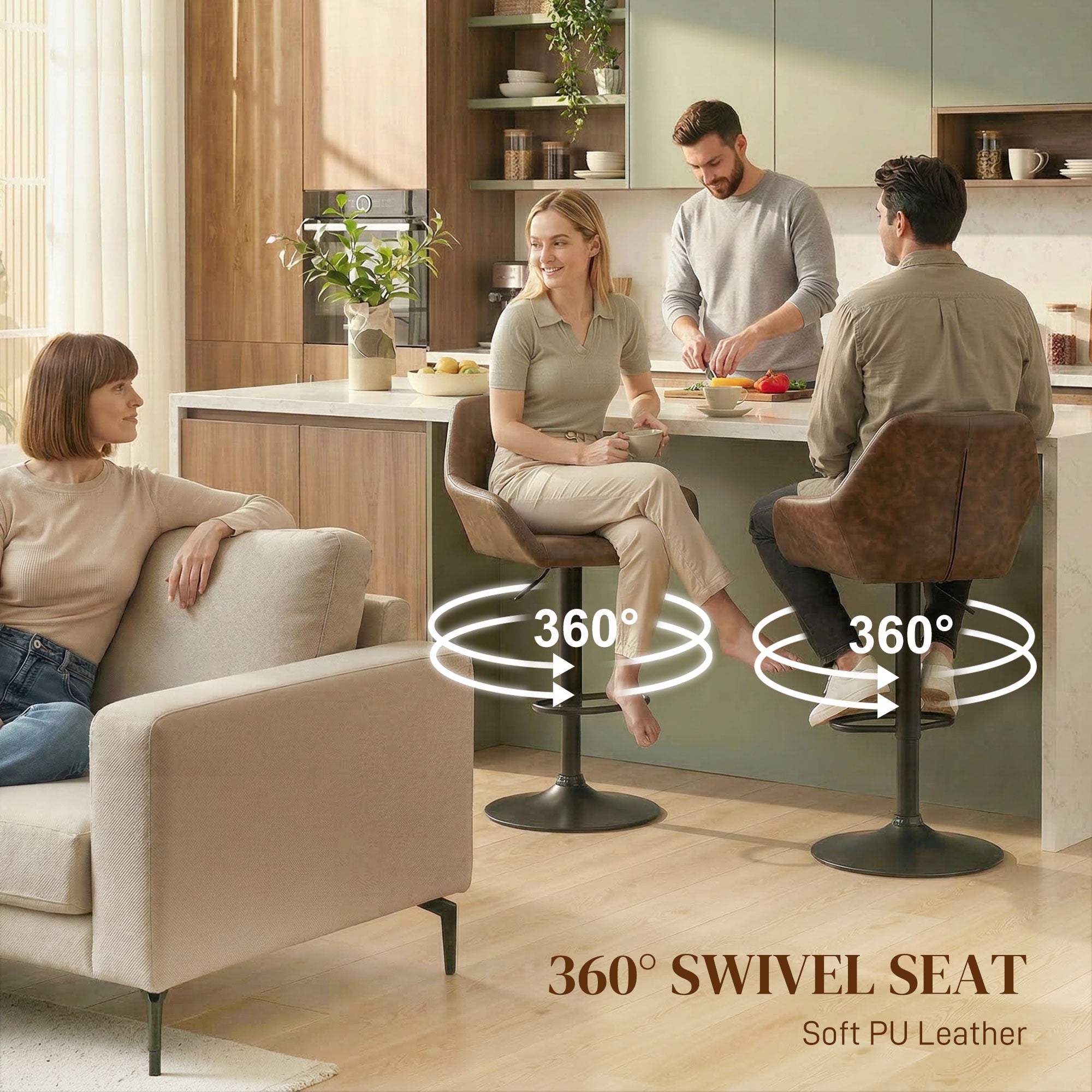 Adjustable Bar Stools Set of 2, Swivel Dining Chairs with Footrest and Back, Modern PU Leather and Steel Round Base, for Kitchen Counter and Dining Room, Coffee