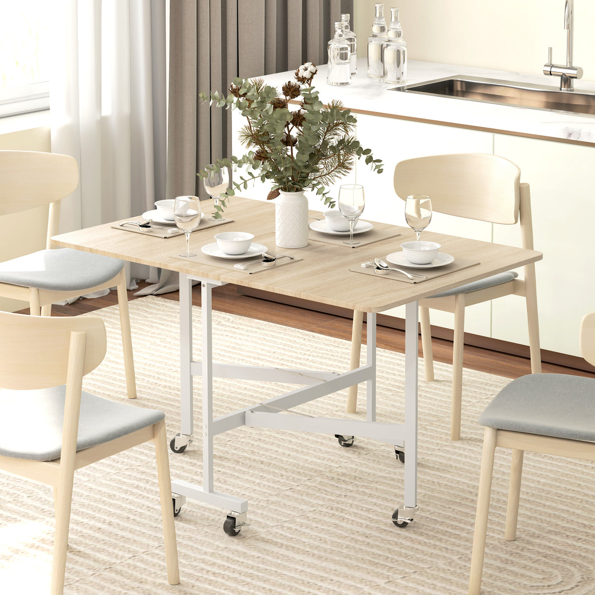 Mobile Drop Leaf Table, Folding Dining Table with 6 Wheels & Brakes, Rolling Kitchen Table for Small Spaces, 47.2", Oak