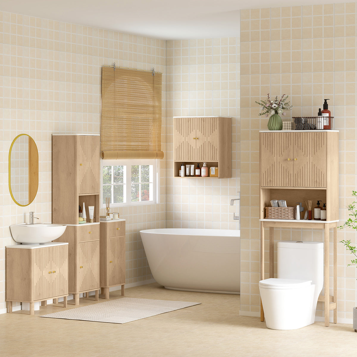 66" Tall Bathroom Cabinet, Freestanding Slim Bathroom Storage Cabinet with Silent-Glide Drawer, Adjustable Shelves, 2 Cupboards and Groove Doors, Oak Wood Effect
