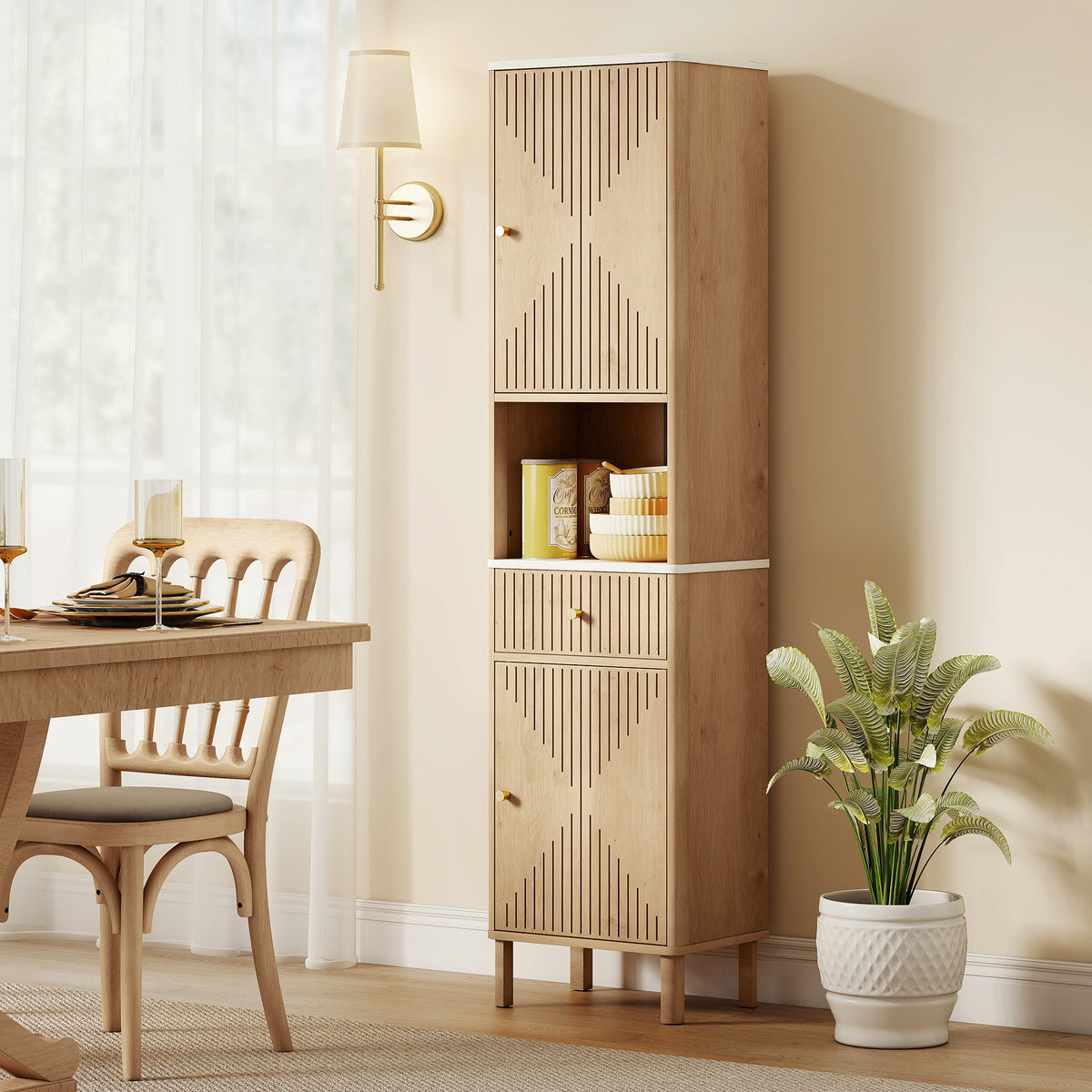 66" Tall Bathroom Cabinet, Freestanding Slim Bathroom Storage Cabinet with Silent-Glide Drawer, Adjustable Shelves, 2 Cupboards and Groove Doors, Oak Wood Effect