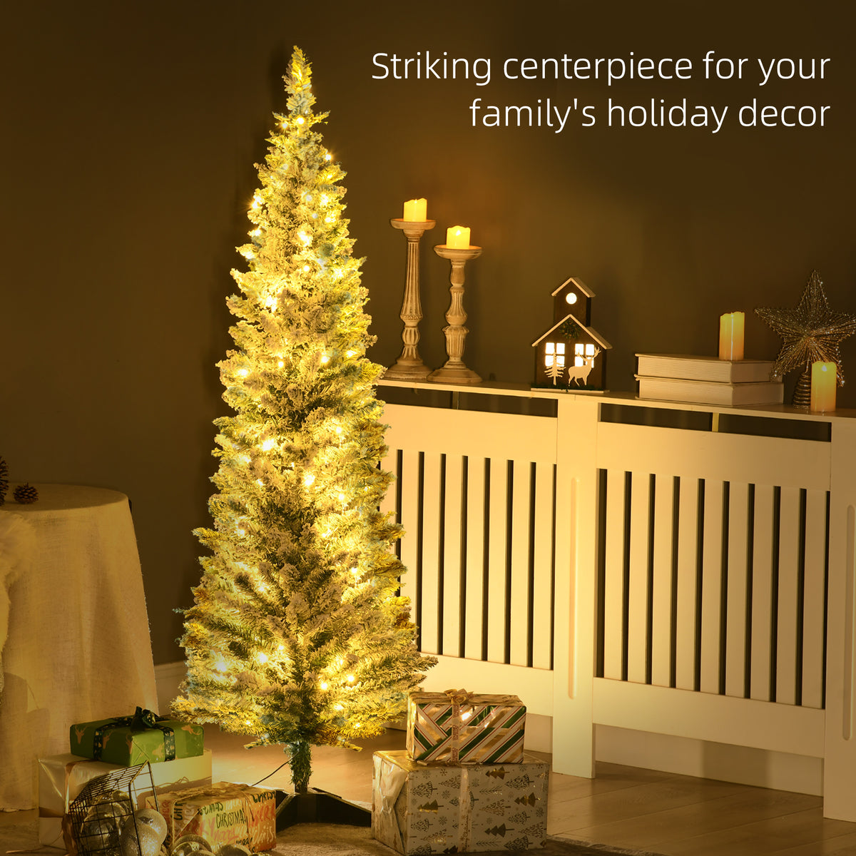 5' Tall Pre-Lit Slim Noble Fir Artificial Pencil Christmas Tree with 110 Warm White LED Lights and 294 Tips, for Christmas Decoration, Green