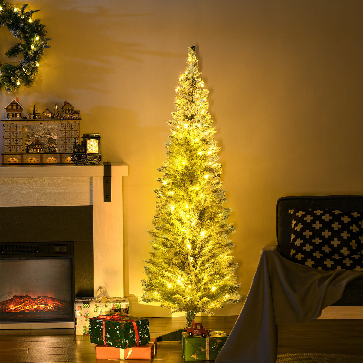5' Tall Pre-Lit Slim Noble Fir Artificial Pencil Christmas Tree with 110 Warm White LED Lights and 294 Tips, for Christmas Decoration, Green