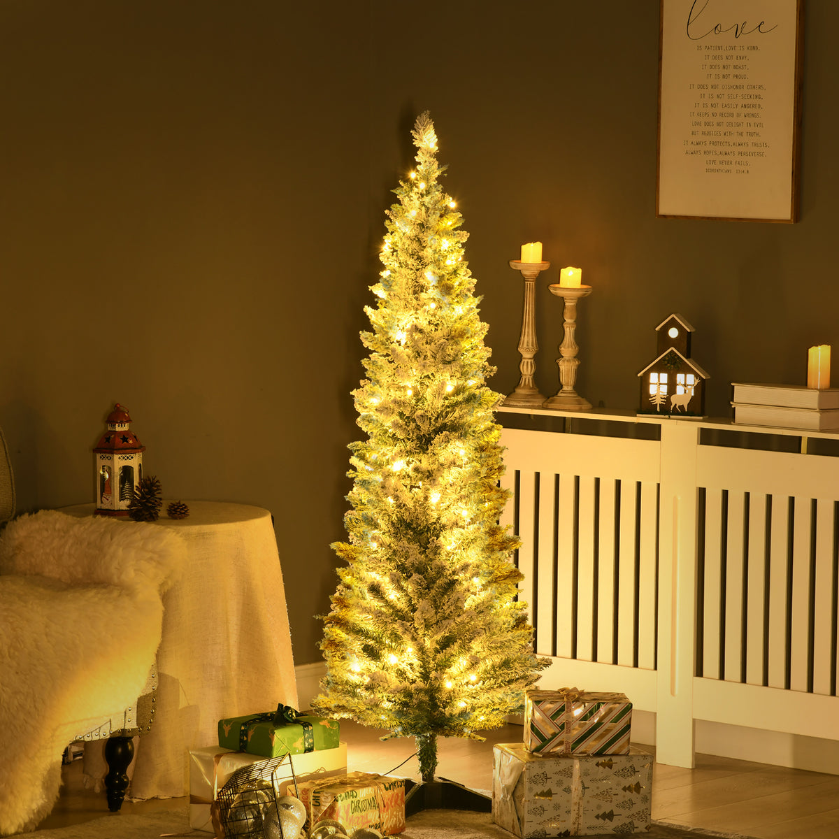 5' Tall Pre-Lit Slim Noble Fir Artificial Pencil Christmas Tree with 110 Warm White LED Lights and 294 Tips, for Christmas Decoration, Green