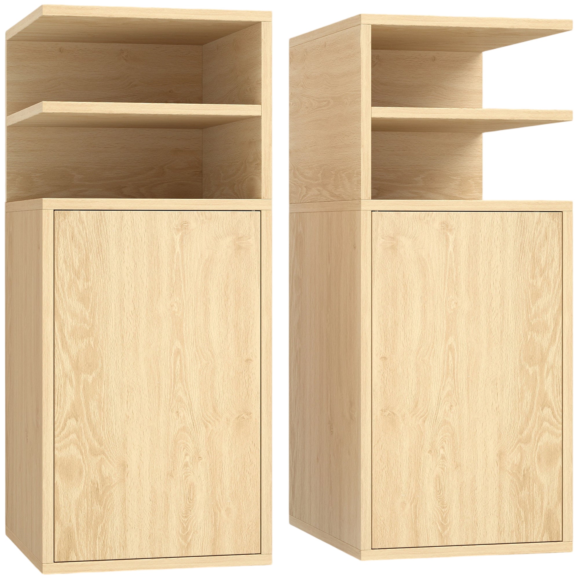 Slim Bedside Table Set of 2, Narrow Bedside Cabinet with Open Cubbies and Cupboard, Side End Table for Bedroom Living Room Compact Nooks, 30 x 25 x 60 cm, Oak