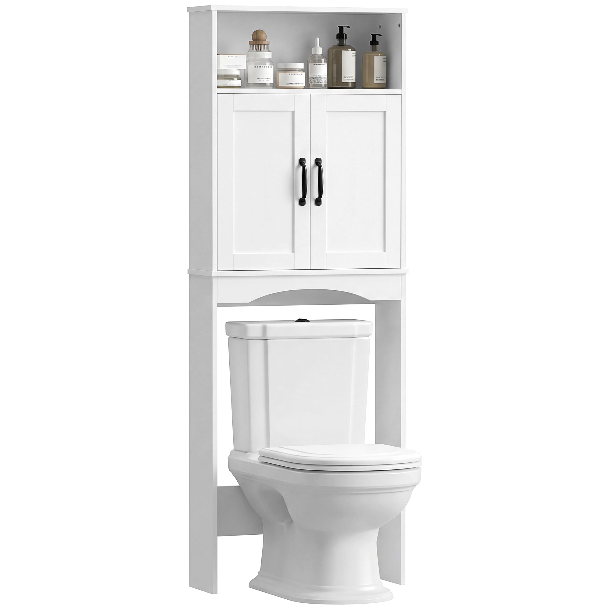 Over the Toilet Storage Cabinet, Over Toilet Bathroom Organizer with 2 Doors and Open Shelf, Freestanding Above Restroom Space Saver for Bathroom, Laundry, Restroom, White