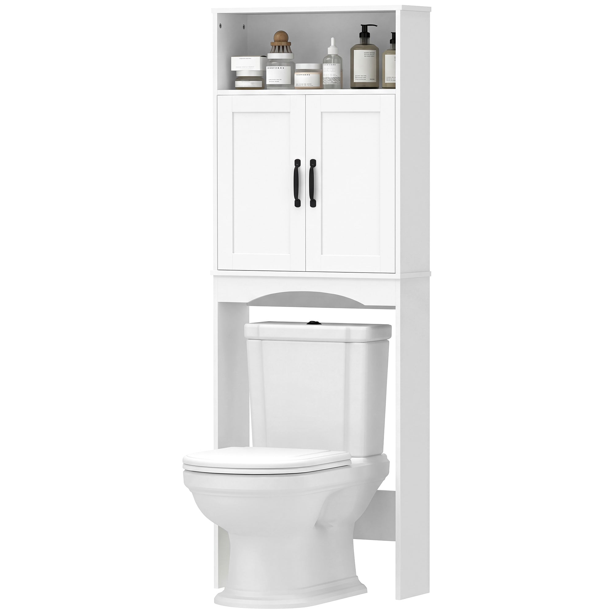 Over the Toilet Storage Cabinet, Over Toilet Bathroom Organizer with 2 Doors and Open Shelf, Freestanding Above Restroom Space Saver for Bathroom, Laundry, Restroom, White