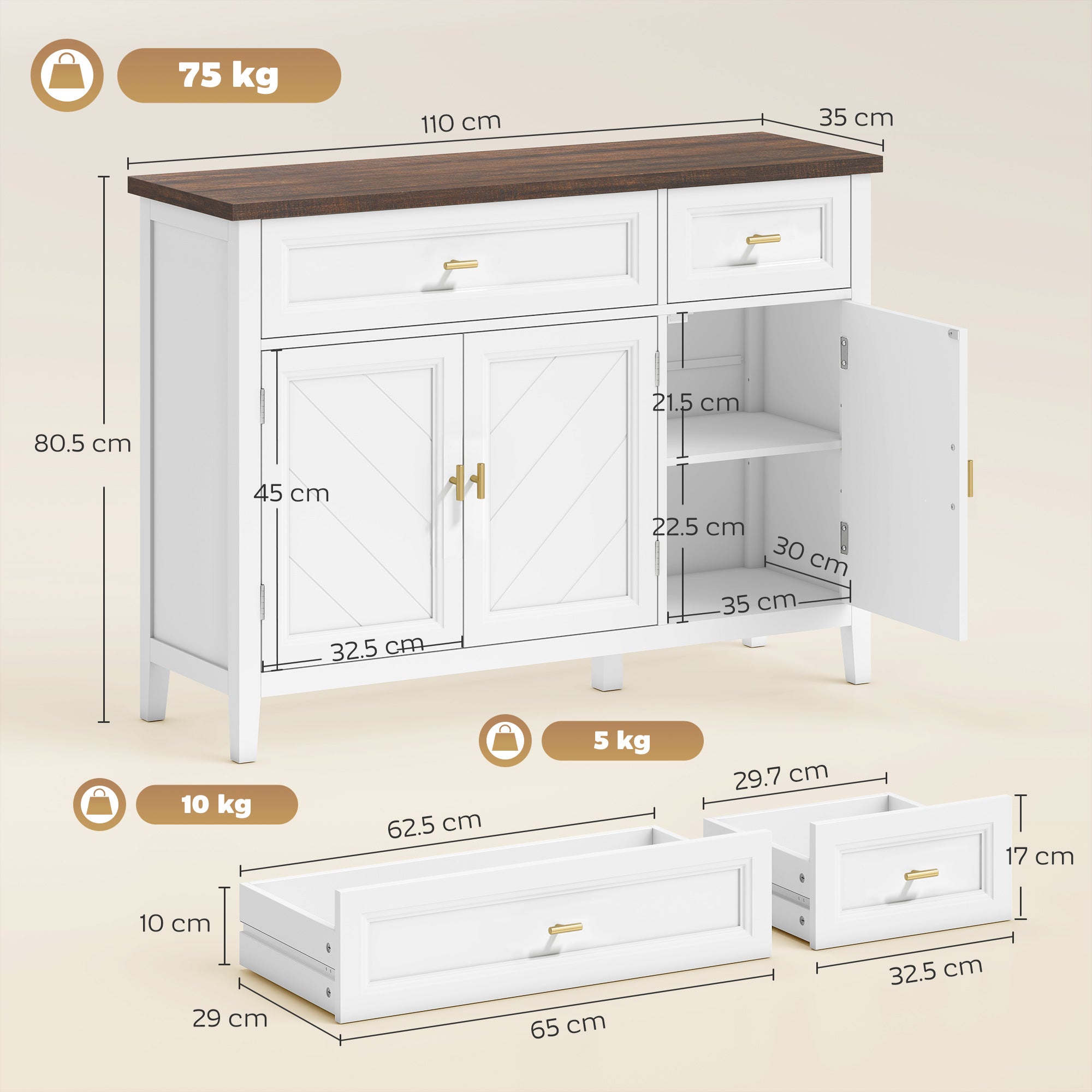 Sideboard with Thick Top, Modern Storage Cabinet, Kitchen Cupboard with 3 Doors, 2 Drawers and Adjustable Shelves for Dining Room, Living Room, White and Brown Wood Effect