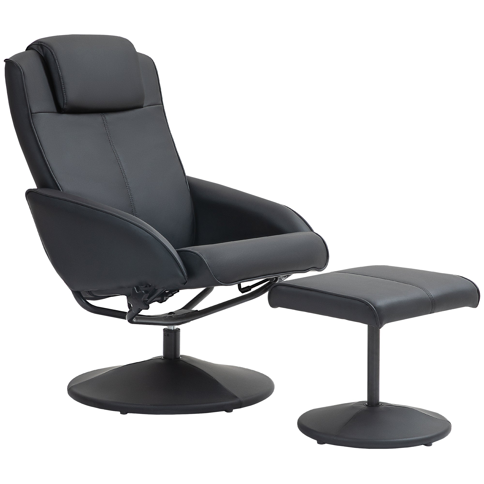 HOMCOM Recliner Chair and Footstool, Swivel PU Leather Upholstered Armchair with Footstool and Adjustable Backrest for Living Room, Bedroom, Black
