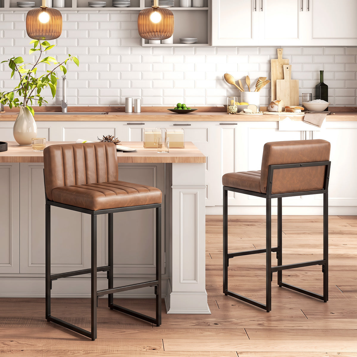 Bar Stools Set of 2, Retro Padded Counter Height Stools with Back and Metal Leg, Vintage PU Leather, Easy-Clean Kitchen Chairs, Brown