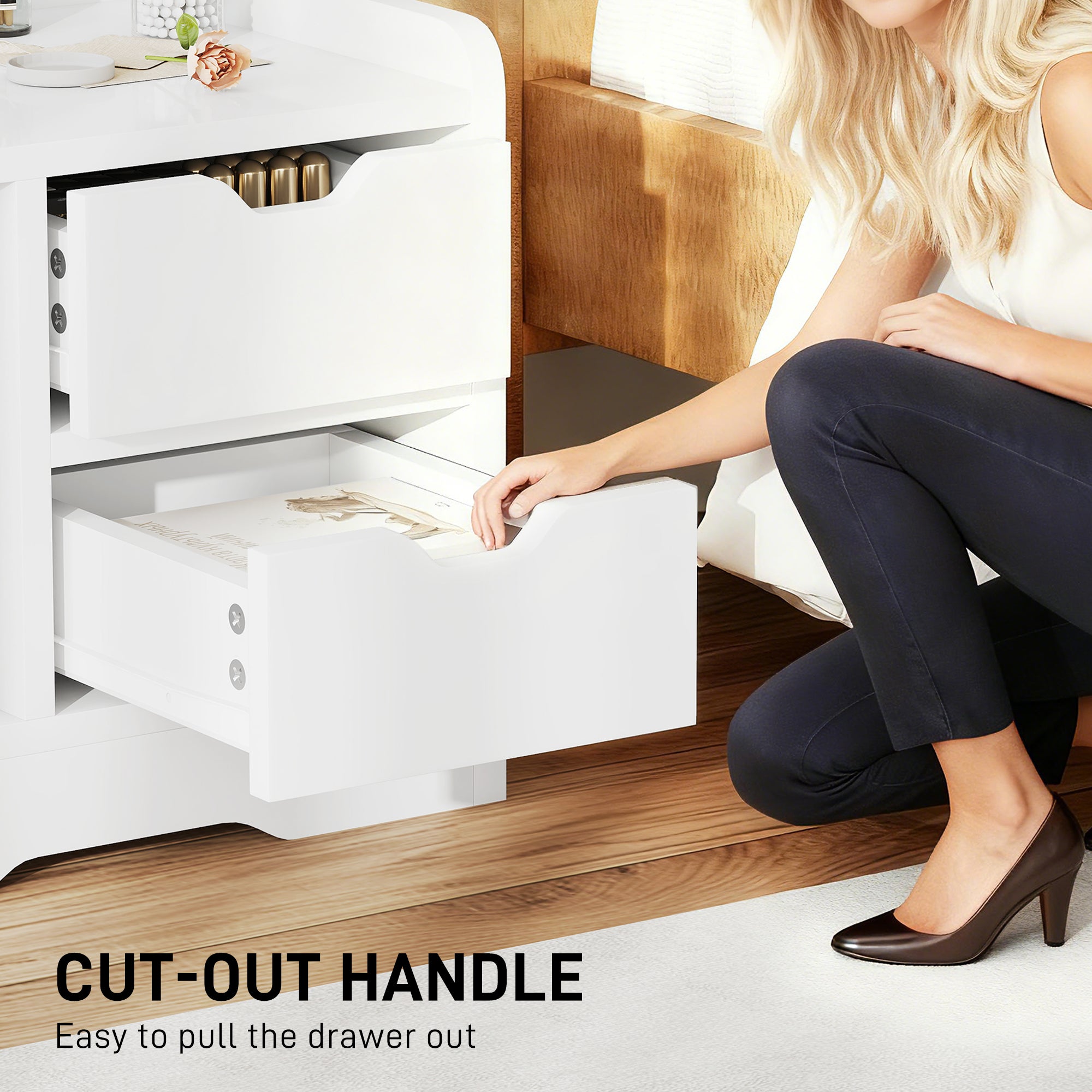 Bedside Table, Small Bedside Cabinet with 2 Drawers and Storage Shelves, Modern Nightstand for Bedroom, High Gloss White