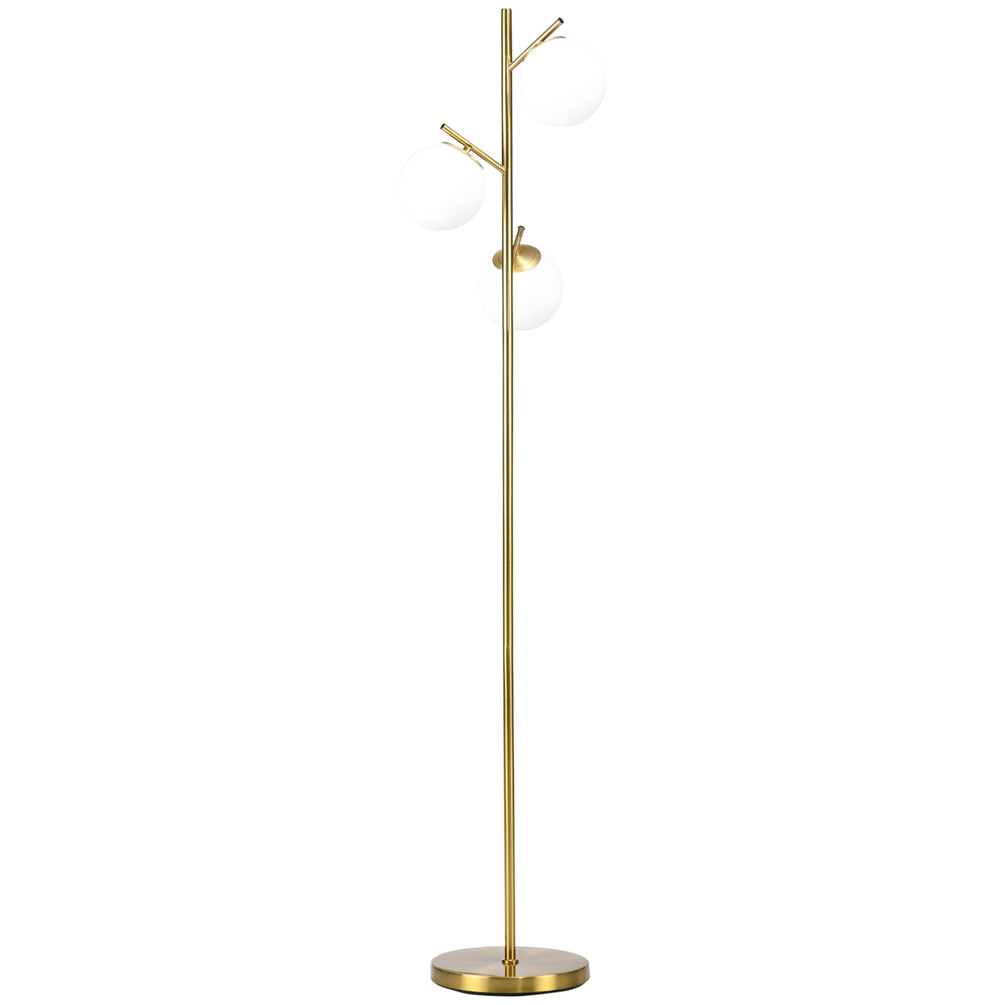 3 Light Floor Lamp with Globe Lampshades, 10.75"x10.75"x66.5", Gold
