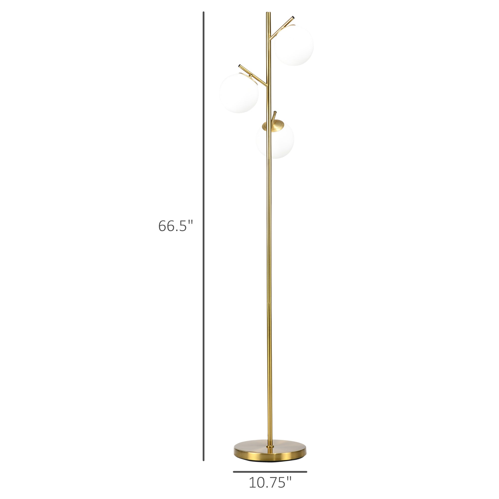 3 Light Floor Lamp with Globe Lampshades, 10.75"x10.75"x66.5", Gold
