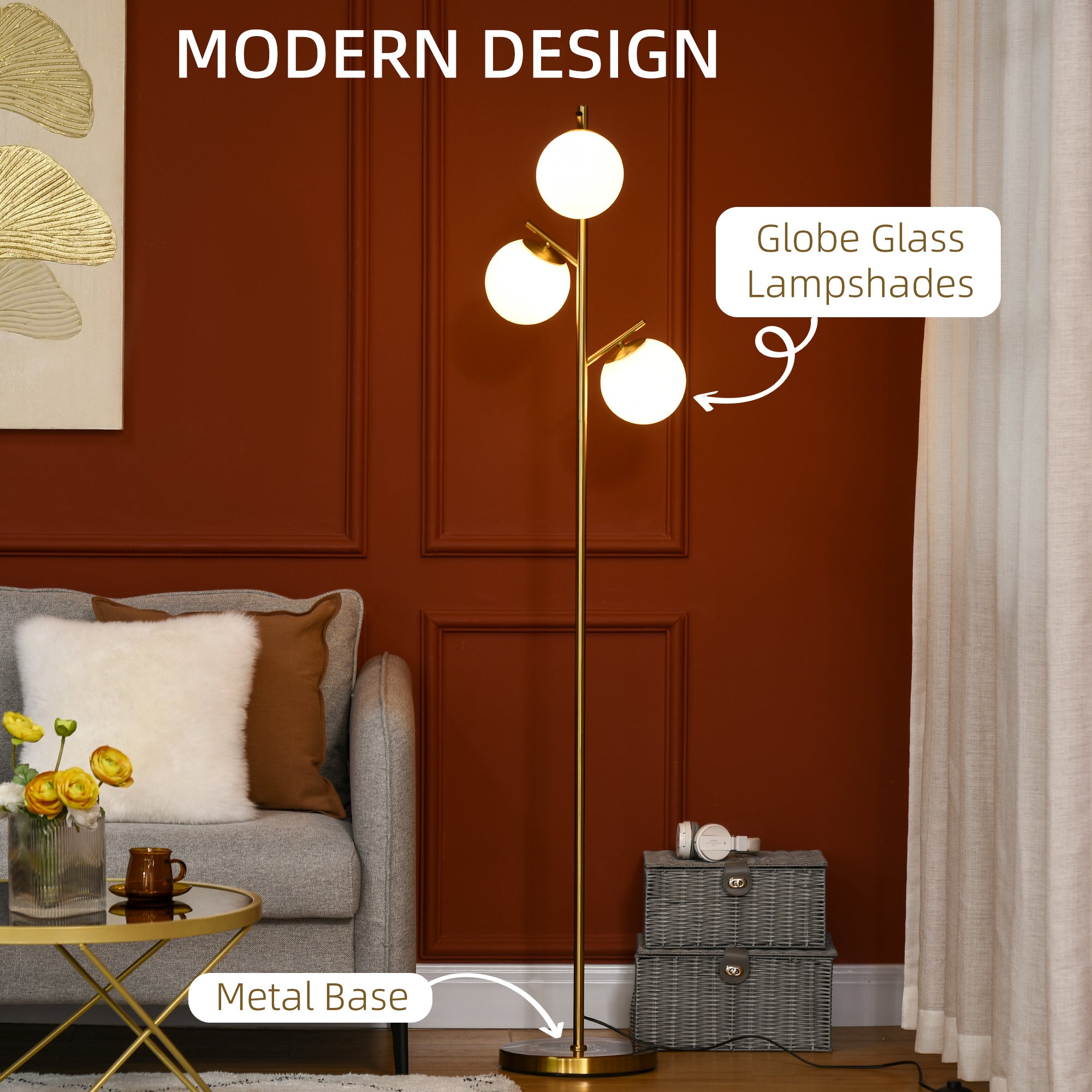 3 Light Floor Lamp with Globe Lampshades, 10.75"x10.75"x66.5", Gold