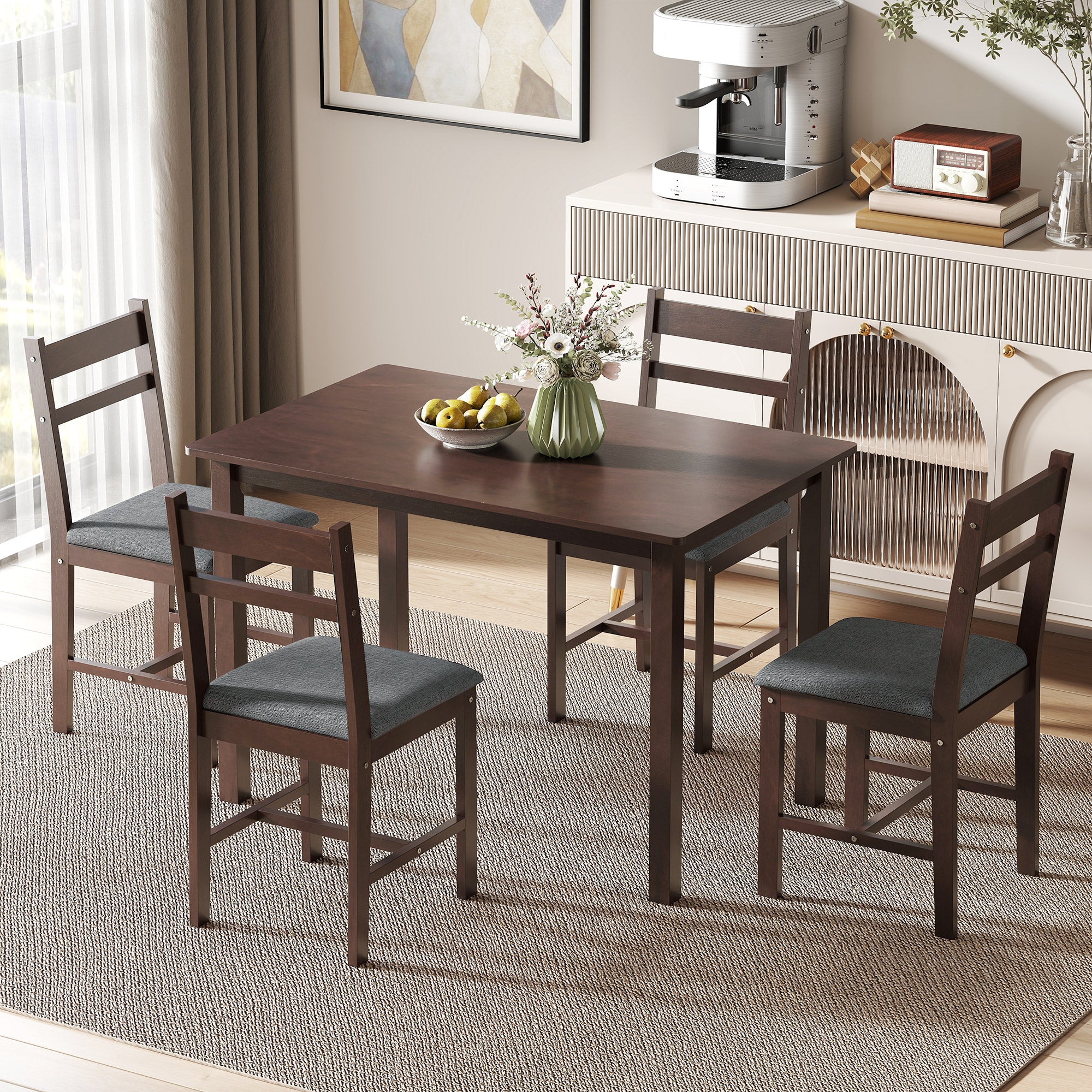 5-Piece Solid Wood Dining Table Set for 4, Farmhouse Kitchen Table with Upholstered Chairs for Small Space, Dining Room, Breakfast Nook, Walnut and Gray