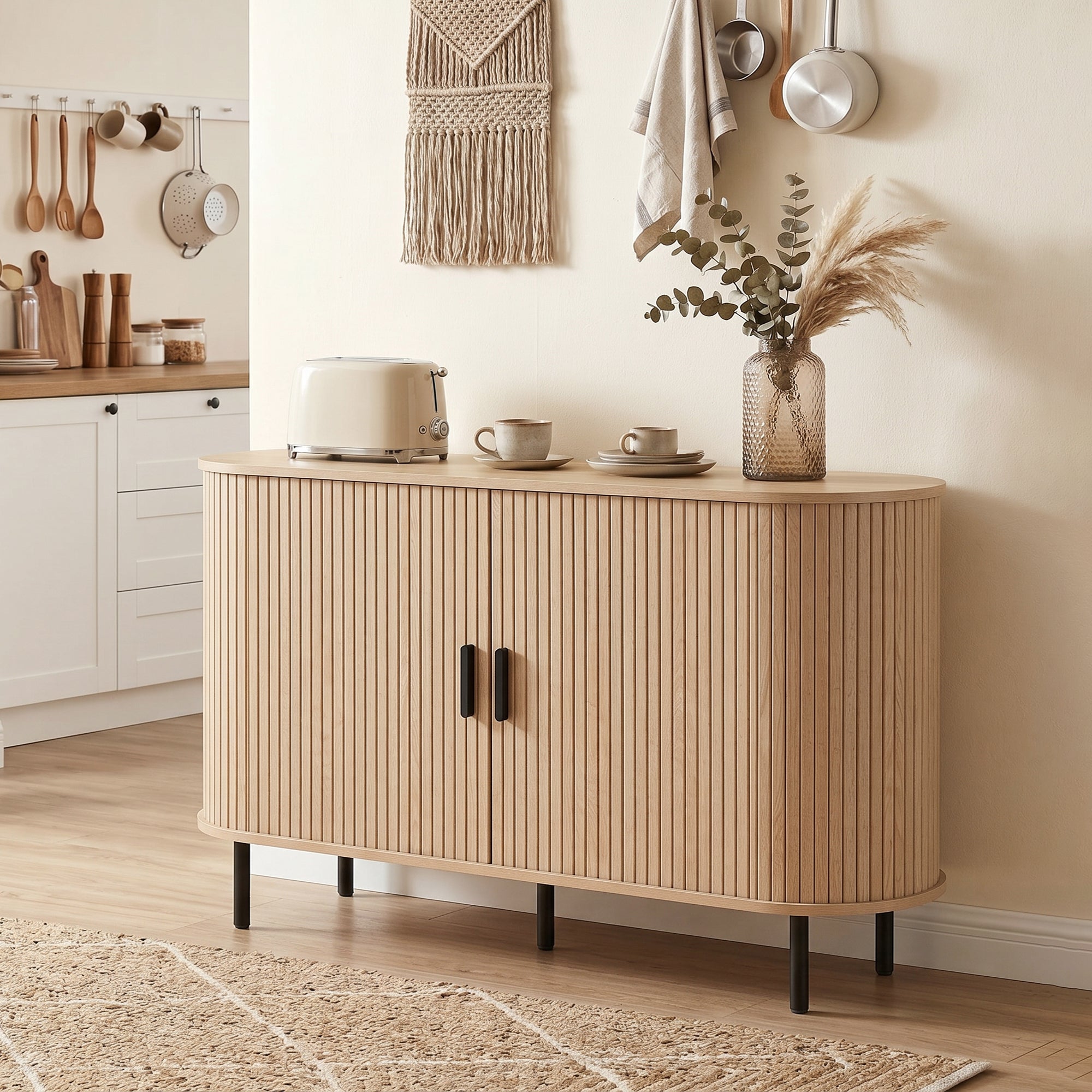 Fluted Sideboard Buffet Cabinet, 55" Mid Century Coffee Bar Cabinet with Sliding Doors, Kitchen Credenza with Adjustable Shelves, Natural Wood