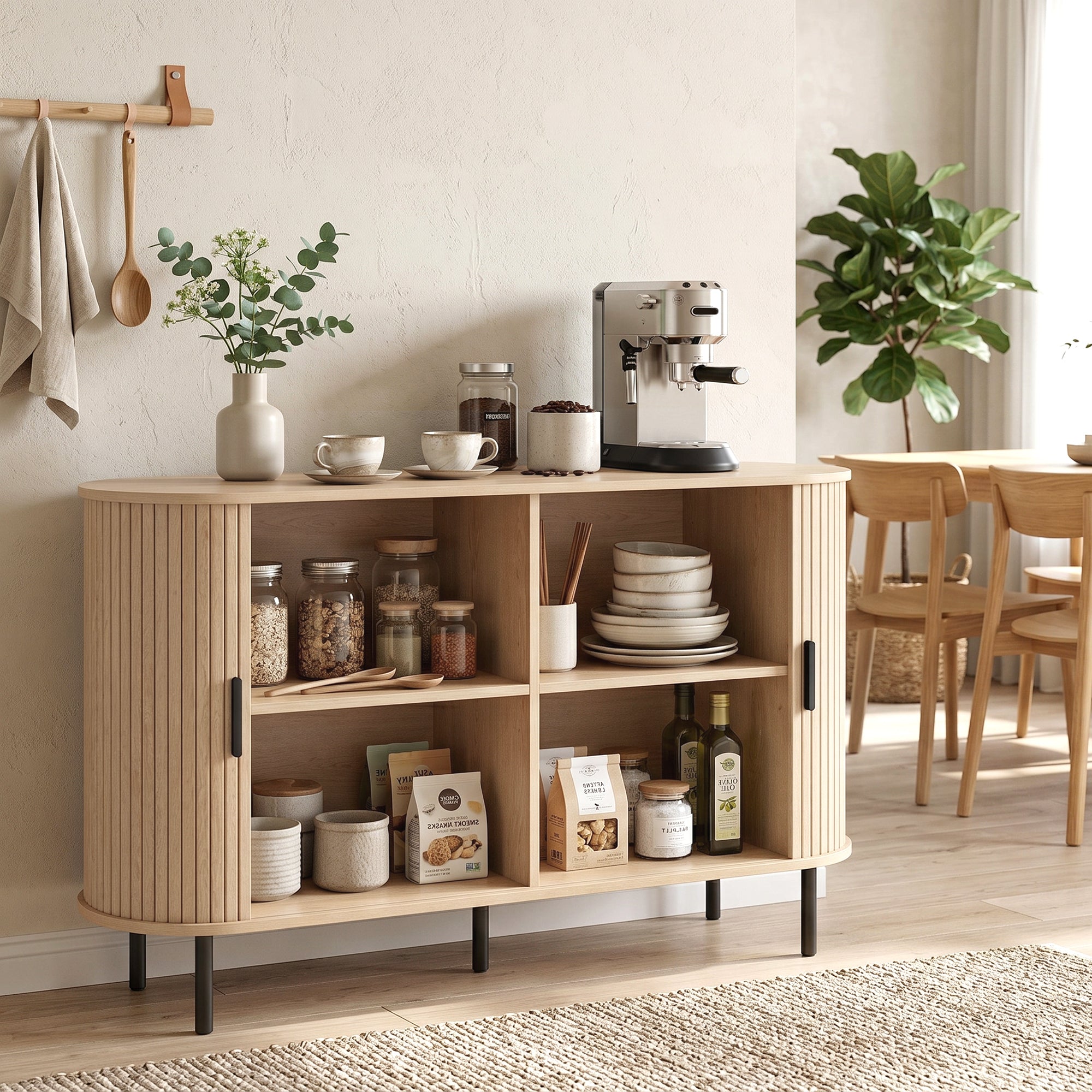 Fluted Sideboard Buffet Cabinet, 55" Mid Century Coffee Bar Cabinet with Sliding Doors, Kitchen Credenza with Adjustable Shelves, Natural Wood