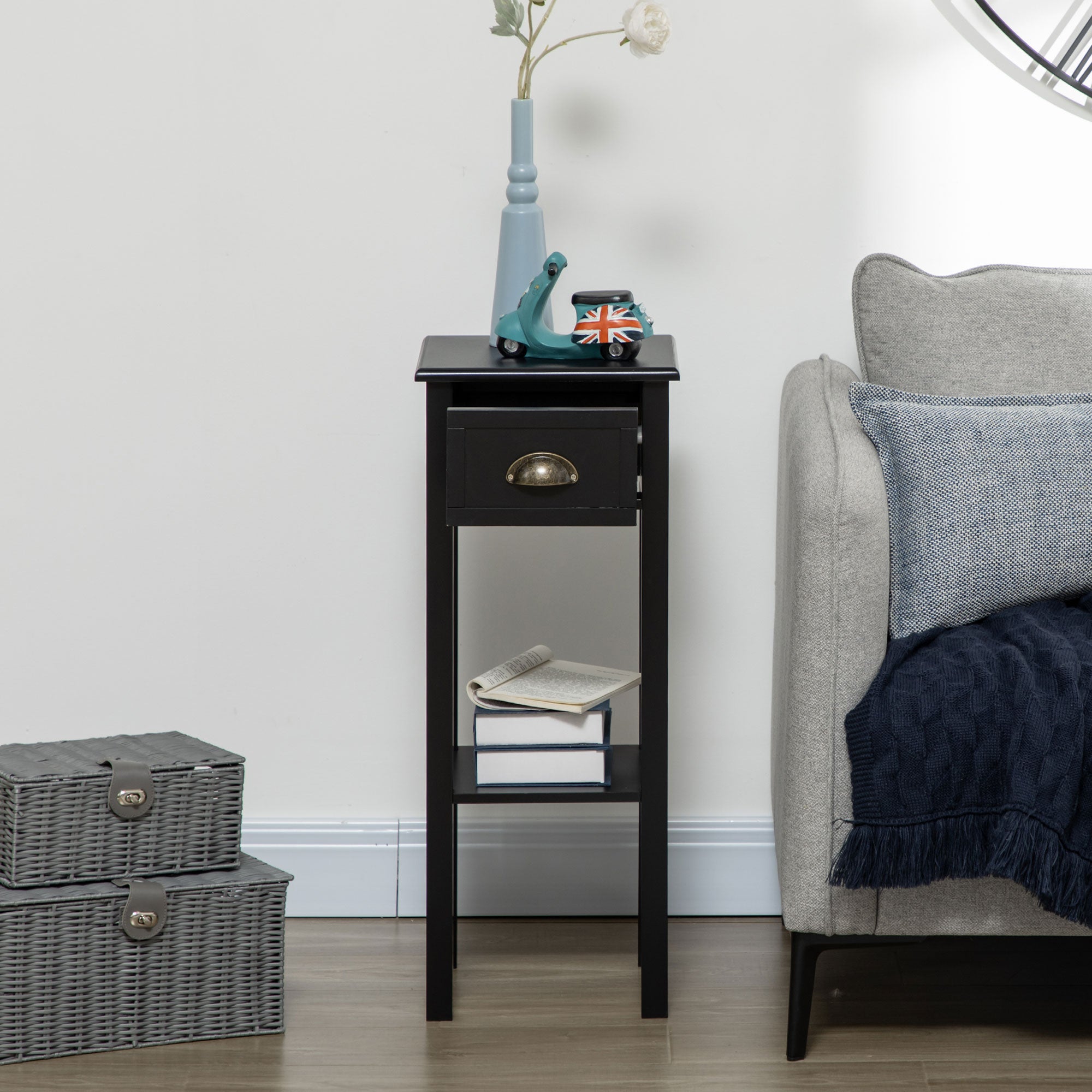 2 Tier Side Table With Drawer Shelf End Table For Living Room Hallway Black
