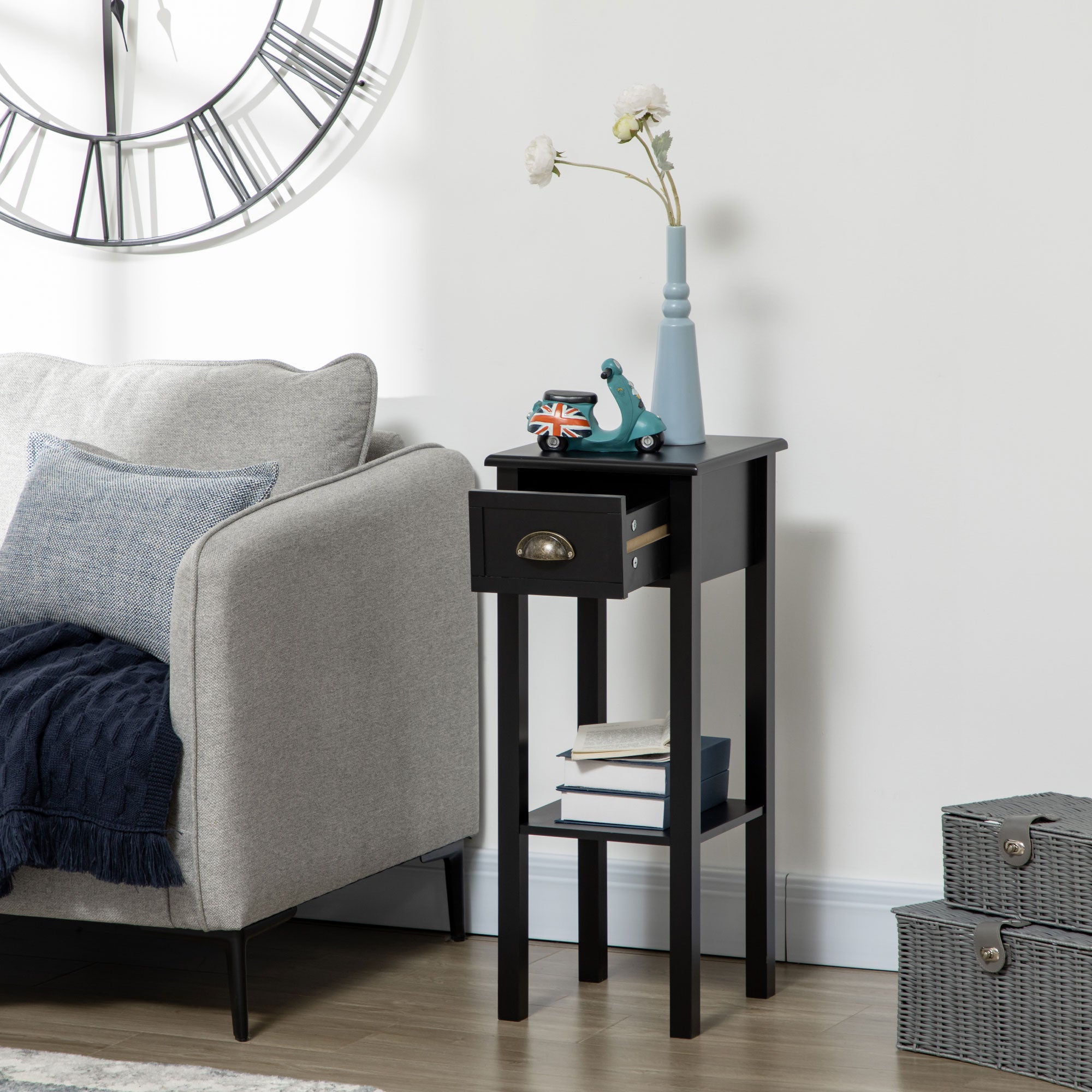 2 Tier Side Table With Drawer Shelf End Table For Living Room Hallway Black