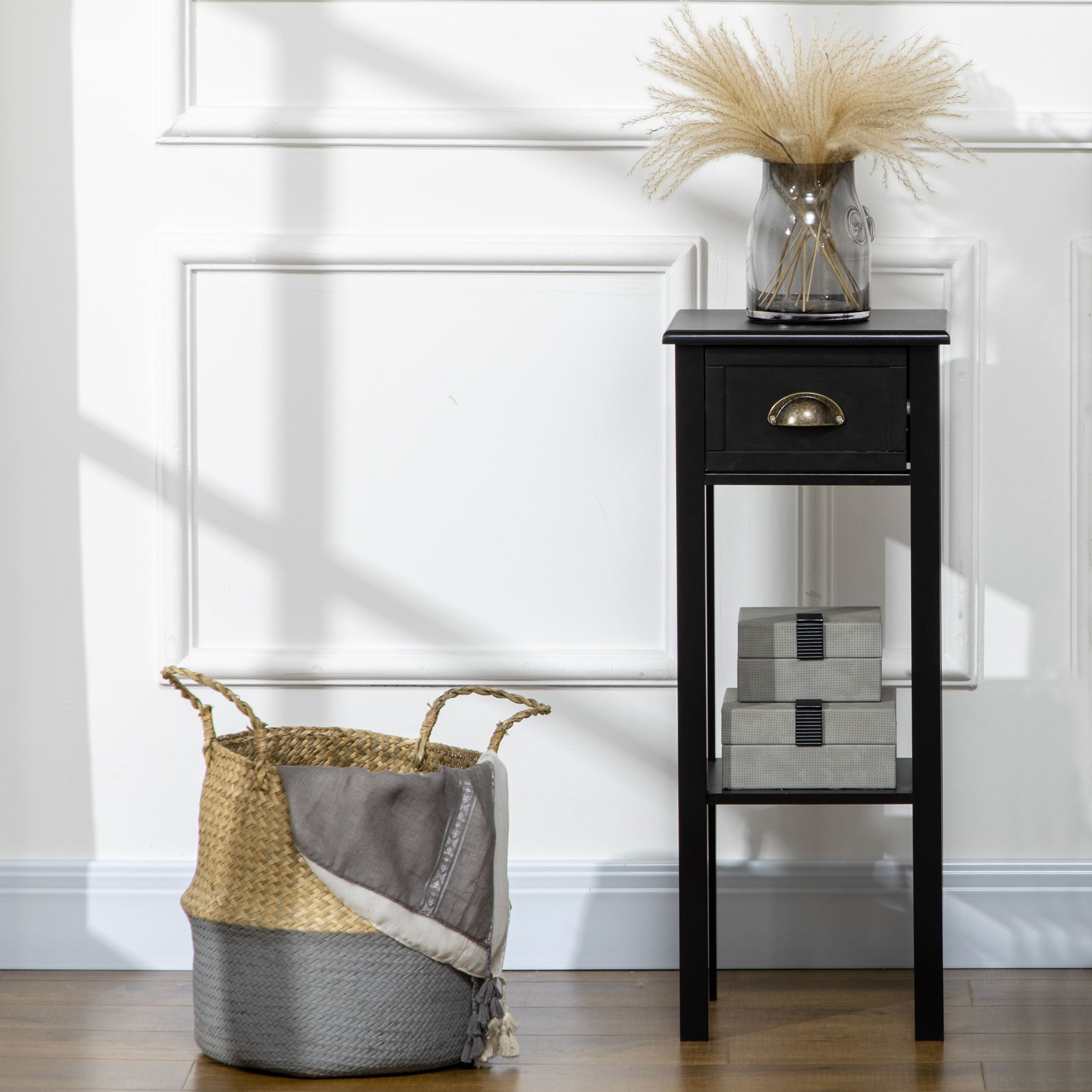 2 Tier Side Table With Drawer Shelf End Table For Living Room Hallway Black