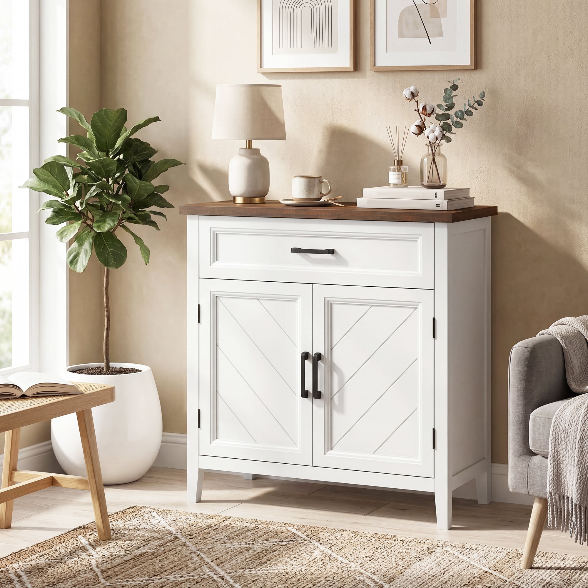 Modern Farmhouse Sideboard Buffet Cabinet with Storage & 2 Doors, 30" Narrow Sideboard, Kitchen Storage Cabinet with Adjustable Shelf, for Kitchen, Living Room, White