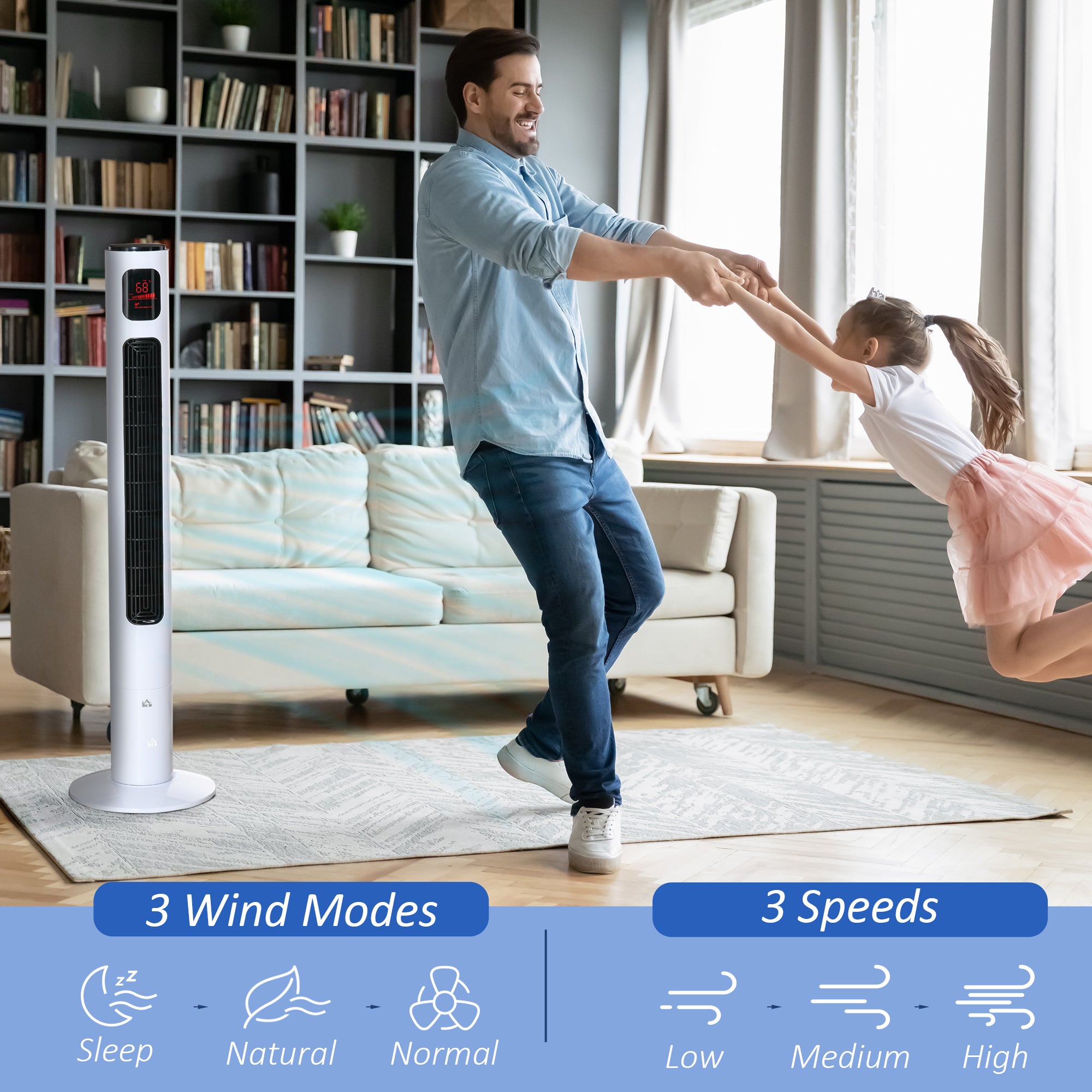 46'' Tower Fan for Bedroom, 70° Oscillating Bladeless Standing Fan with 3 Speeds, 3 Modes, 12H Timer, LED Display, Remote Controller, White