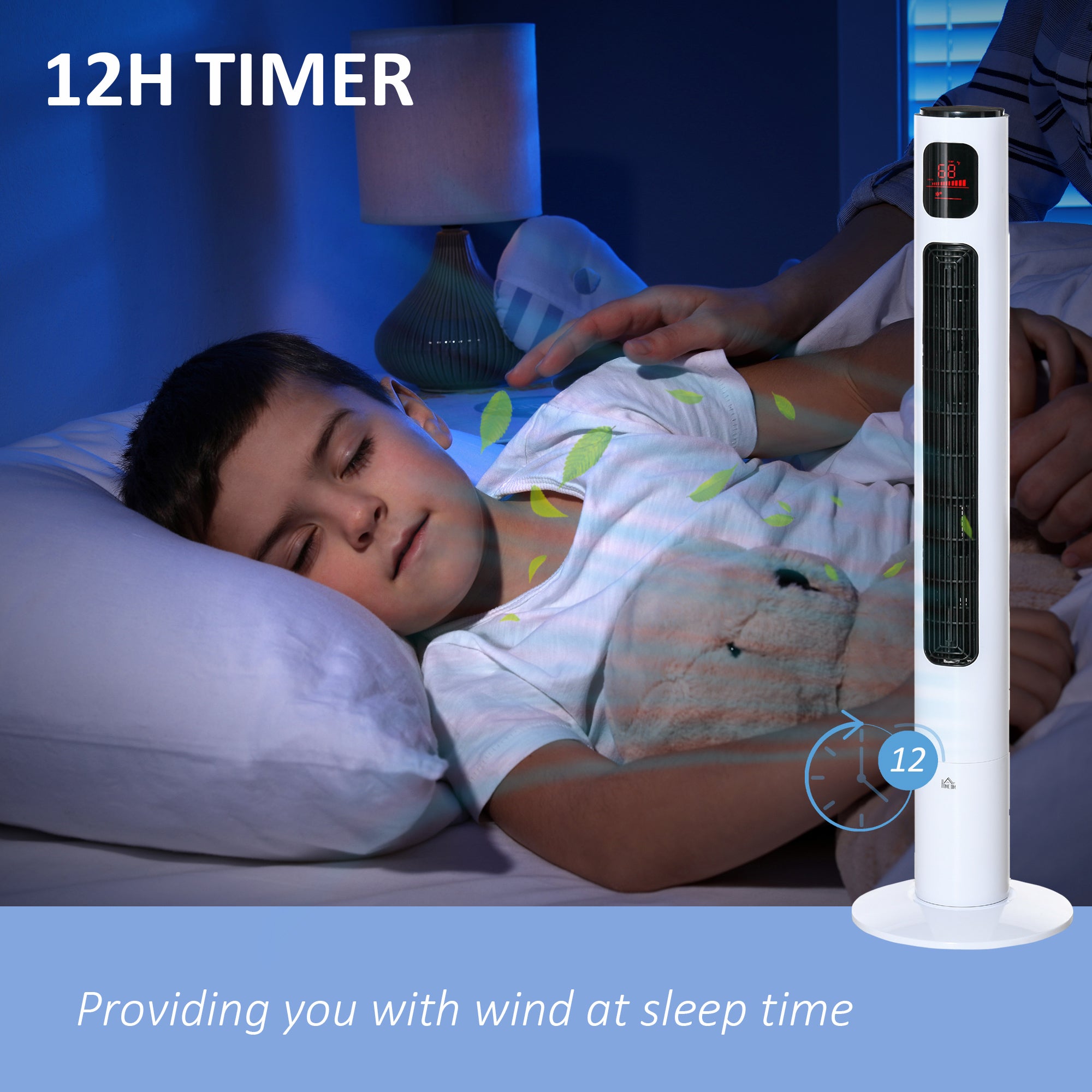 46'' Tower Fan for Bedroom, 70° Oscillating Bladeless Standing Fan with 3 Speeds, 3 Modes, 12H Timer, LED Display, Remote Controller, White