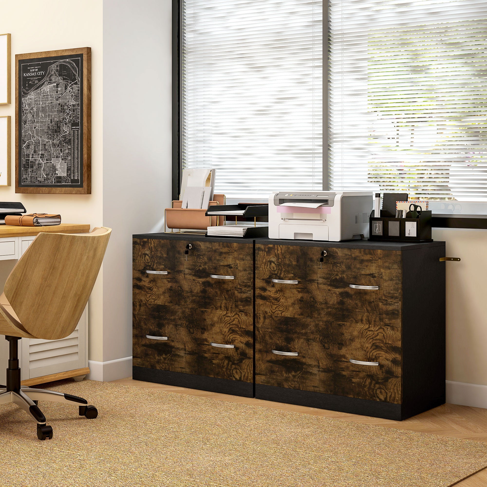 Vinsetto 2-Drawer Lateral Filing Cabinet with Lock, File Cabinet with Hanging Bar for Letter Size, Home Office, Rustic Brown